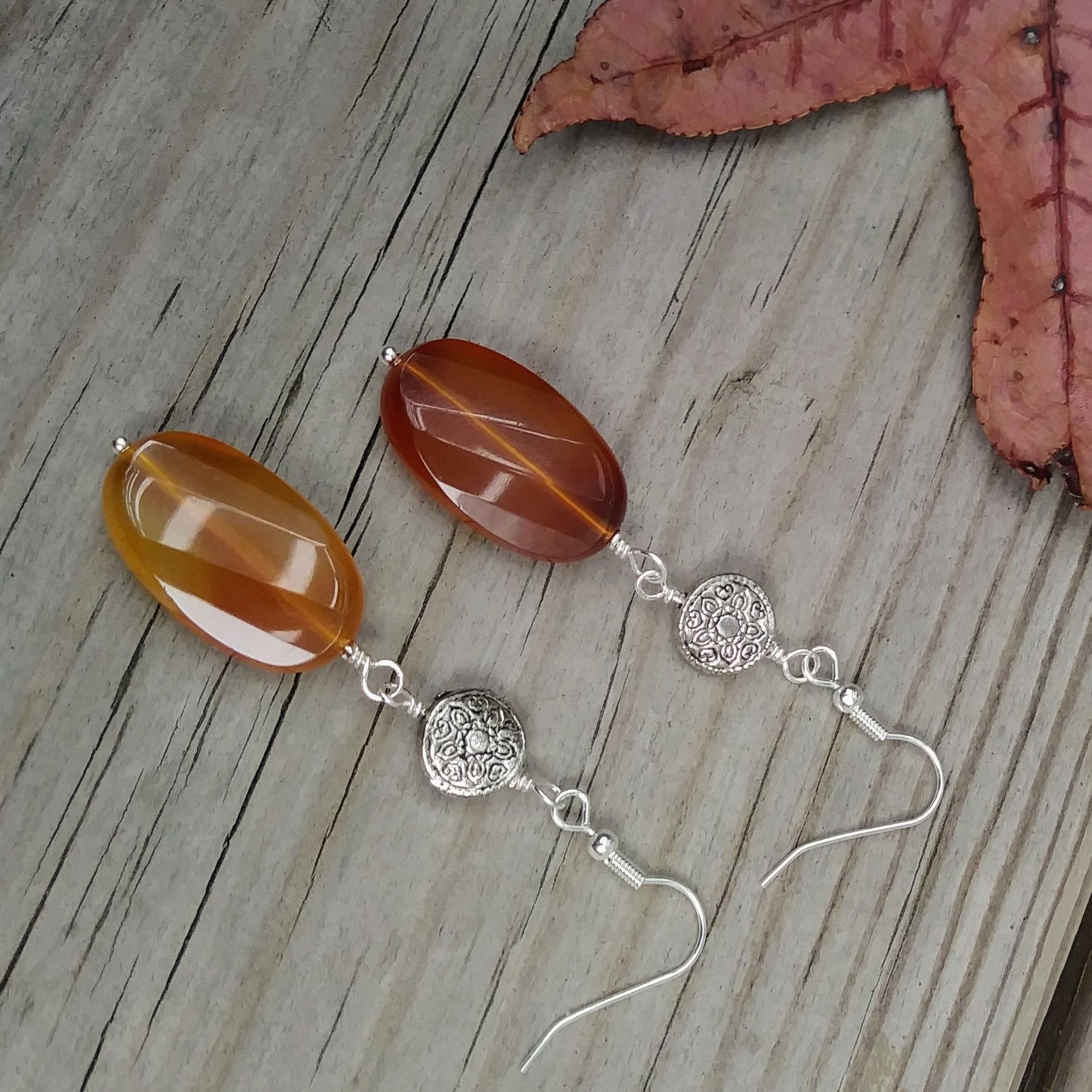 Upcycled Faceted Amber-Colored Gemstone & Patterned Silver Statement Earrings