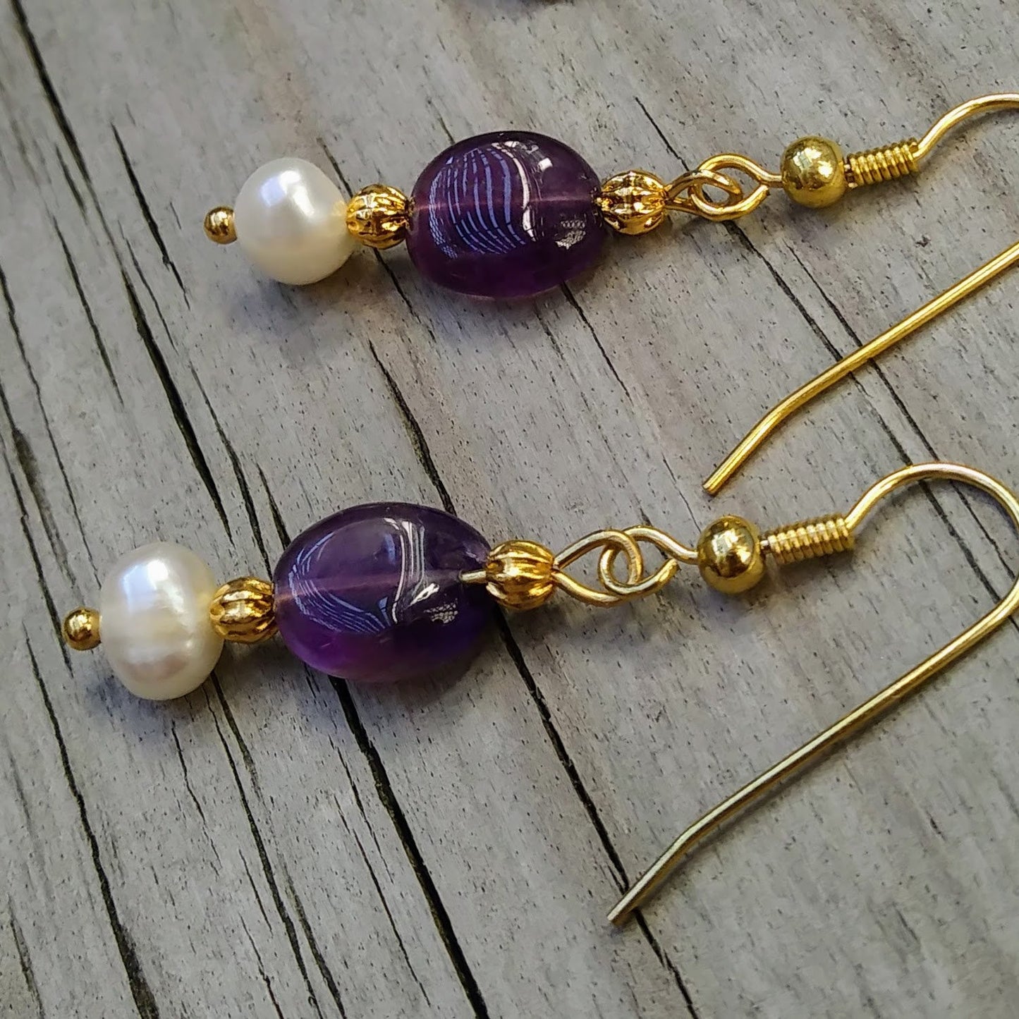 Deep Purple Amethyst & Pearl Gold Dangle Earrings