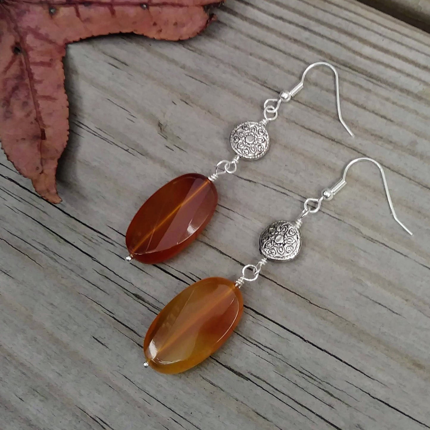Upcycled Faceted Amber-Colored Gemstone & Patterned Silver Statement Earrings