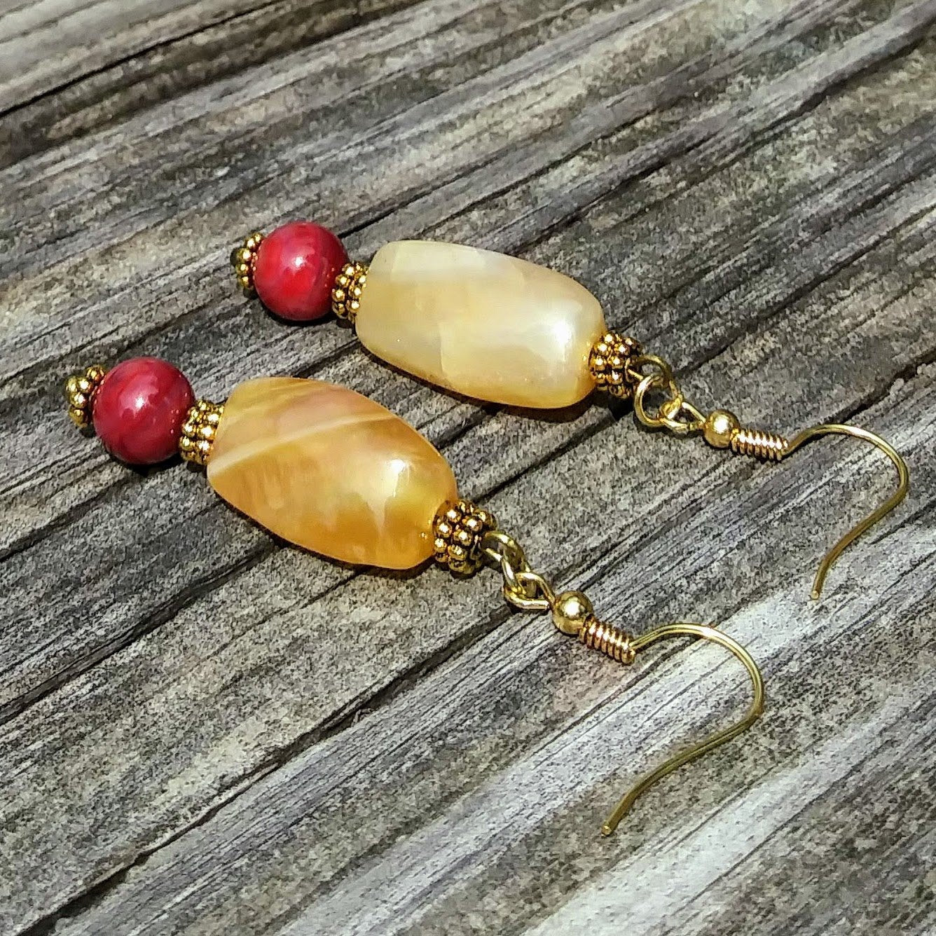 Upcycled Golden Orange Gemstone & Berry Red Statement Earrings