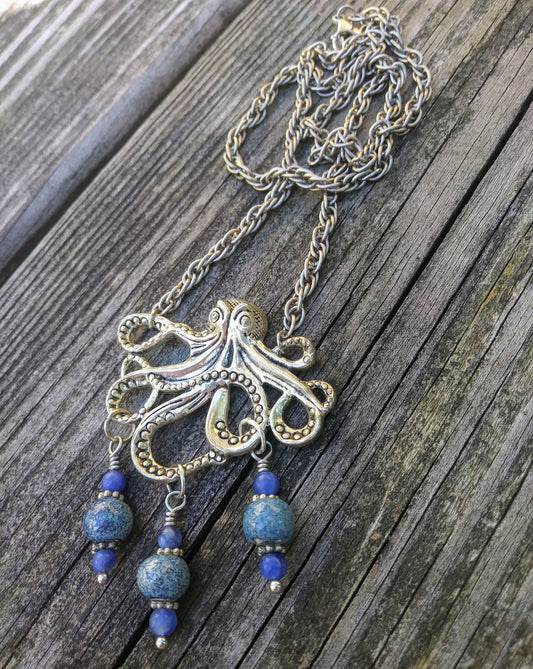 Ocean Blue Silver Kraken Octopus Necklace on Thick Silver Rope Chain