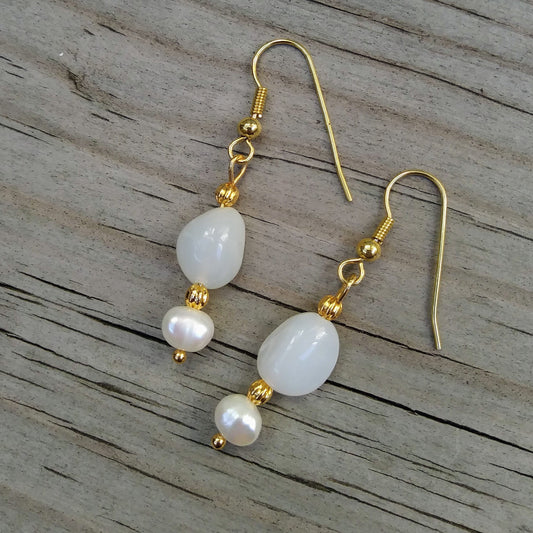 Peruvian White Opal Gold Dangle Earrings with Pearl Accents