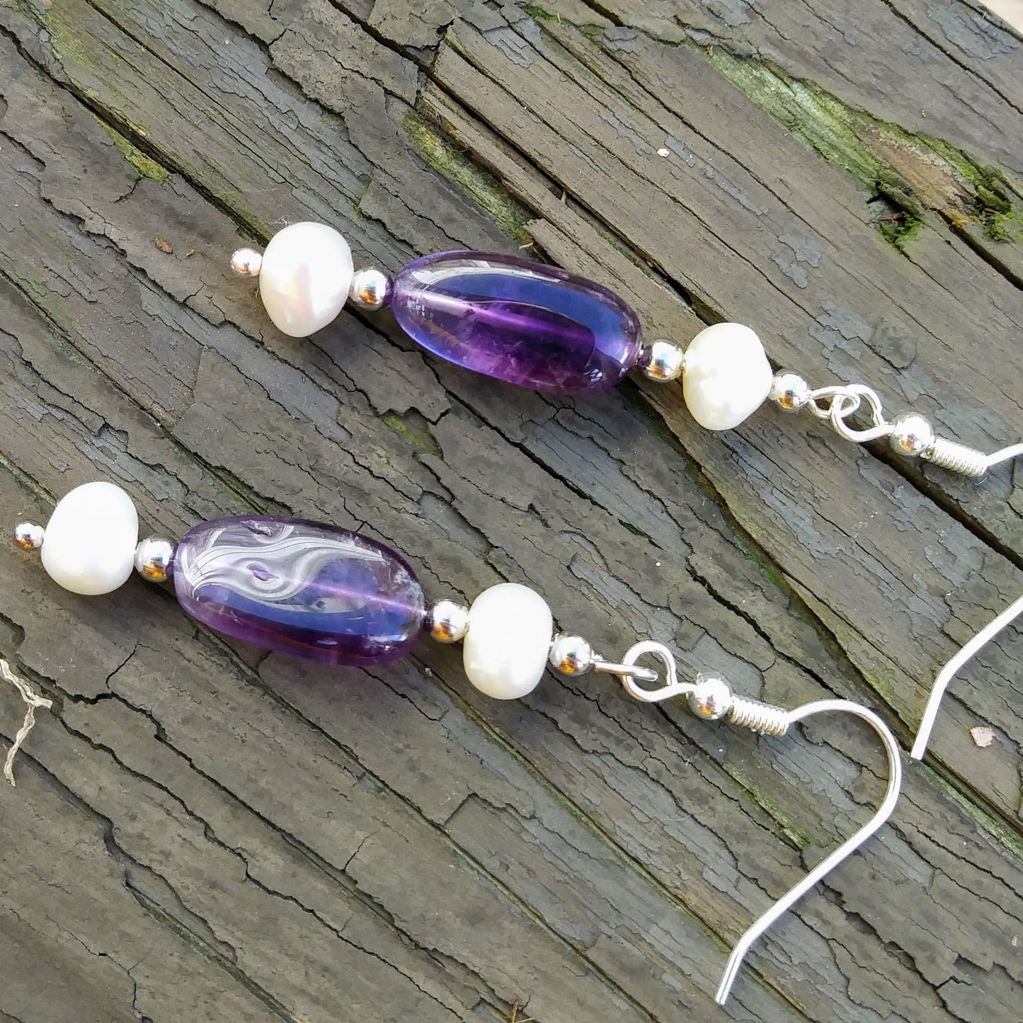 Deep Purple Amethyst & Double Pearl Silver Dangle Earrings