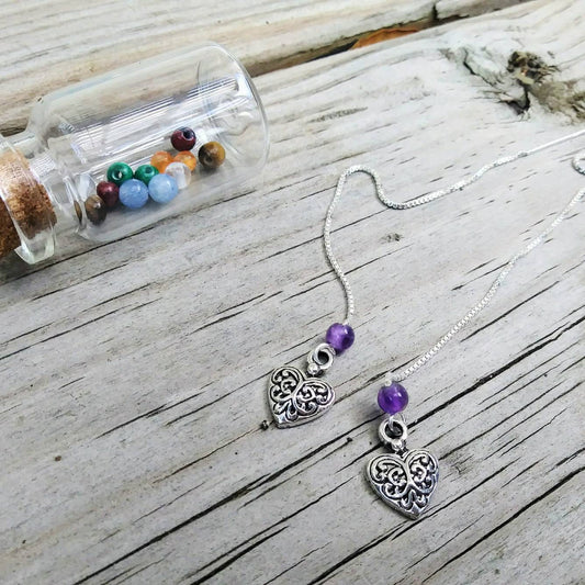 Heart Charm Threader Earrings with Chakra Gemstone Set - 4 inch 0.925 Sterling Silver Threads