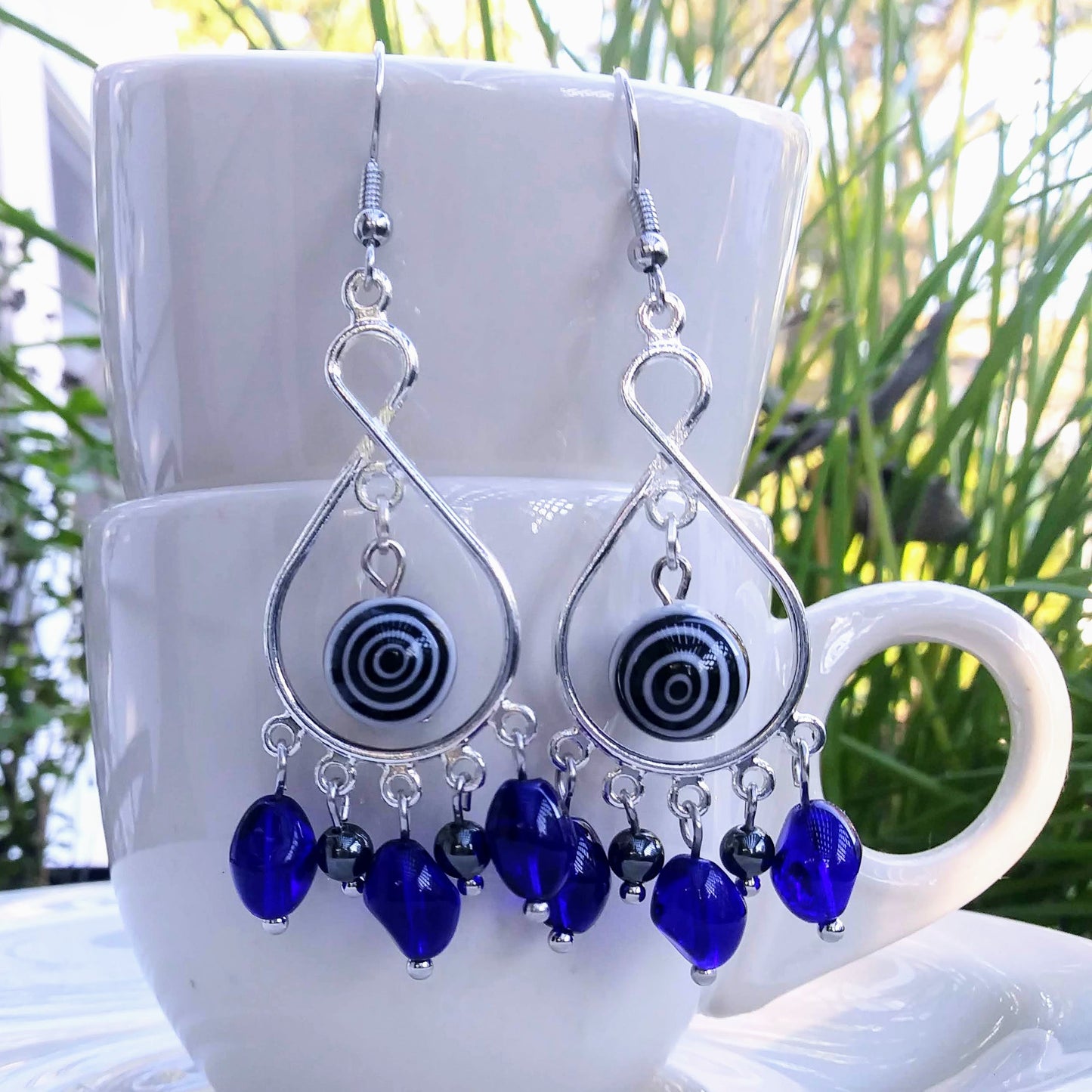 Cobalt Blue Evil Eye Chandelier Earrings in Hematite & Glass