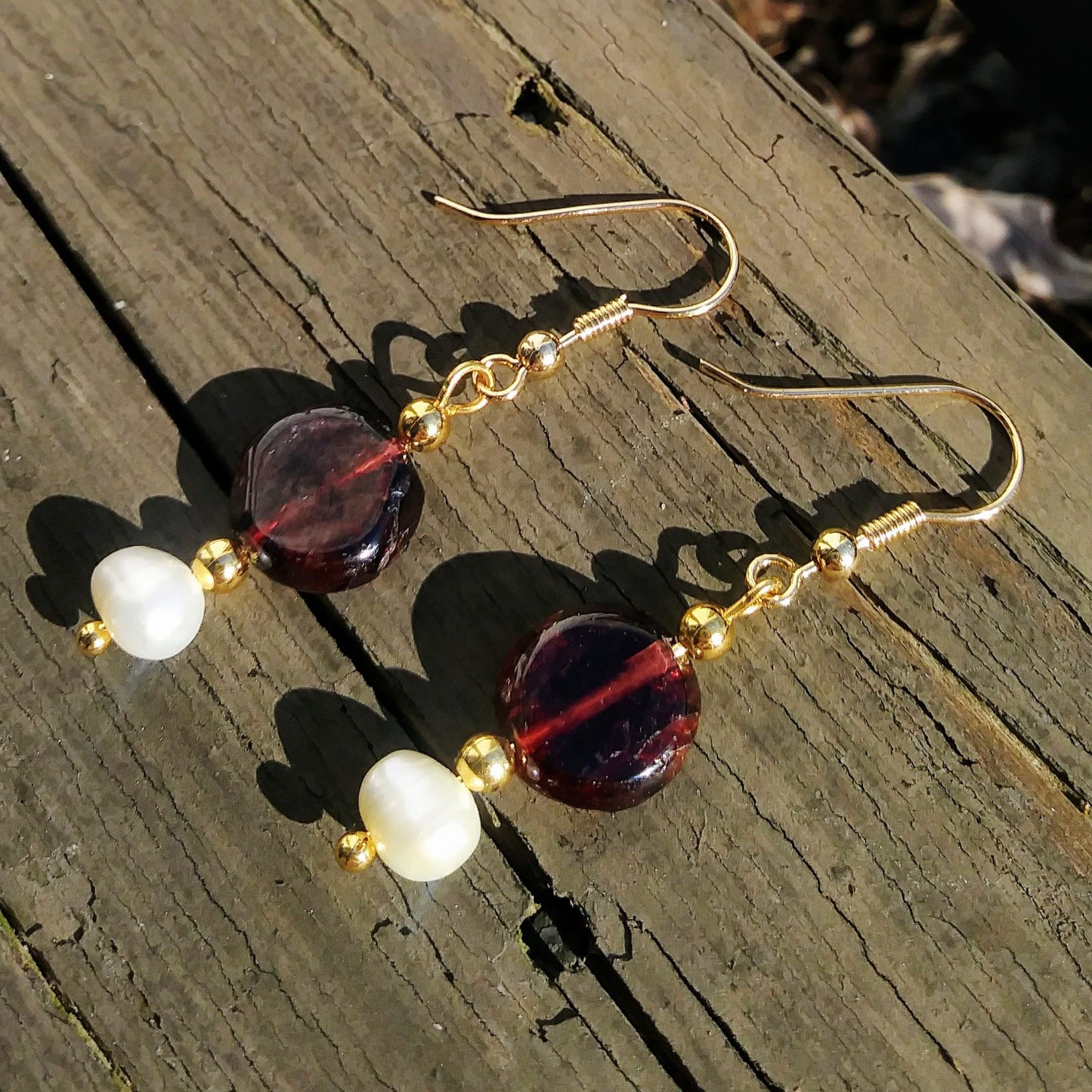 Simple Pearl & Garnet Gold Dangle Earrings