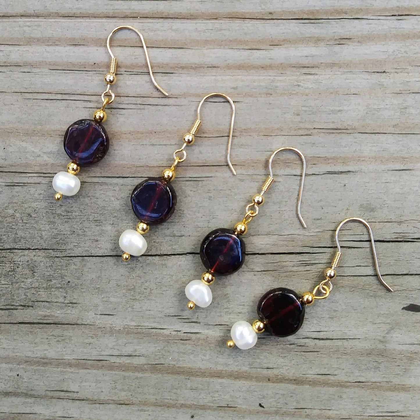 Simple Pearl & Garnet Gold Dangle Earrings