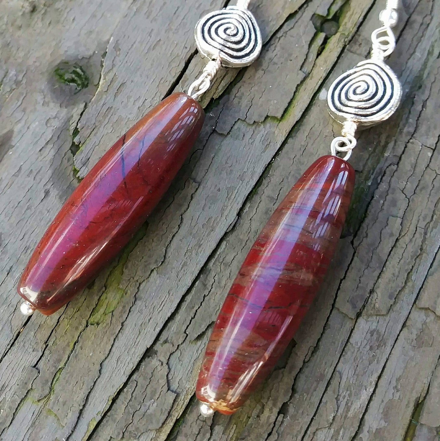 Silver Spiral & Red Jasper Stone Spike Statement Earrings