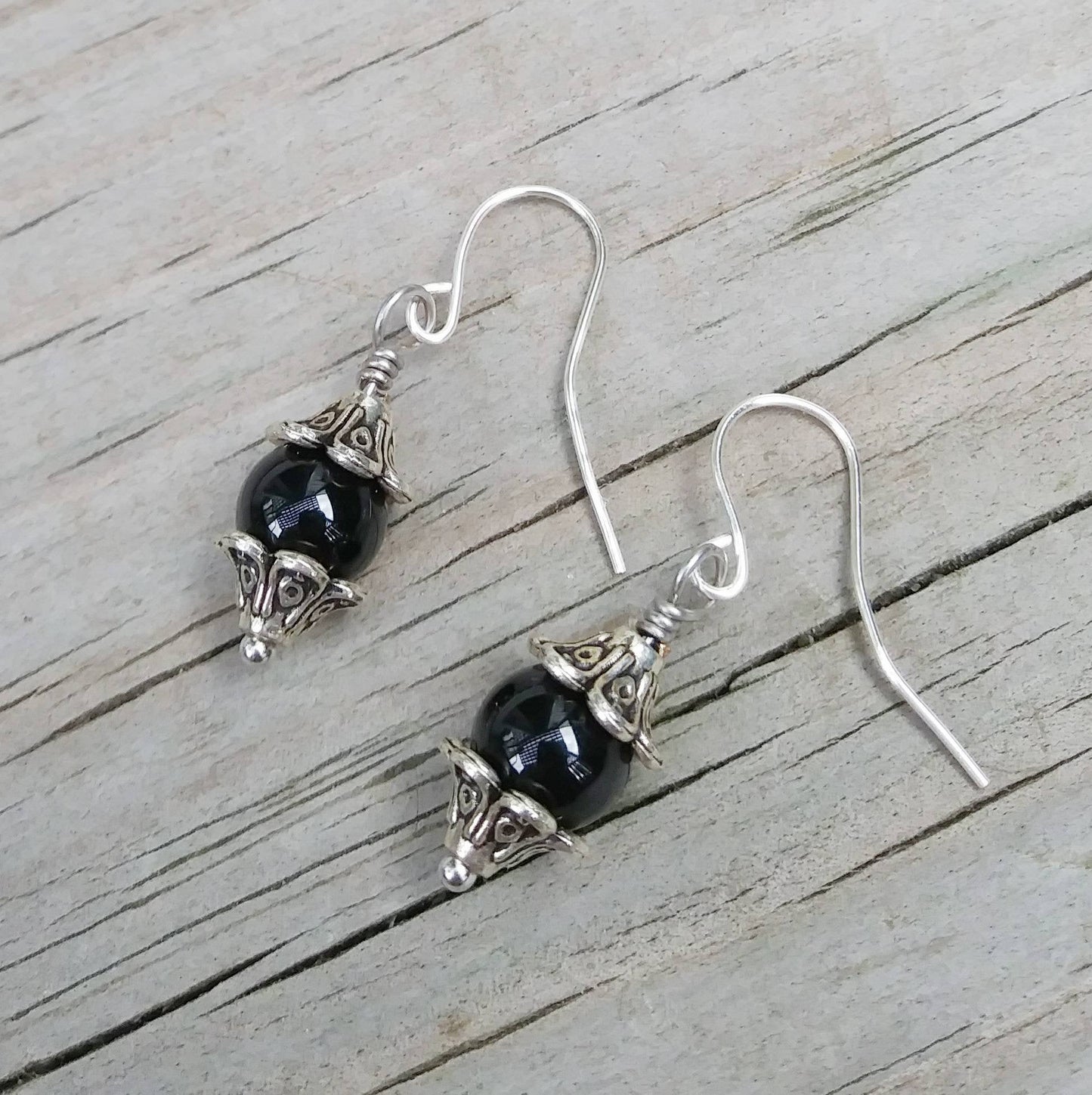 Black Onyx & Silver Floral Dangle Earrings