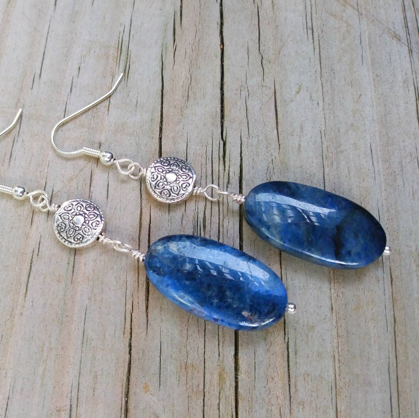 Large Blue Flower Dumortierite Silver Statement Earrings