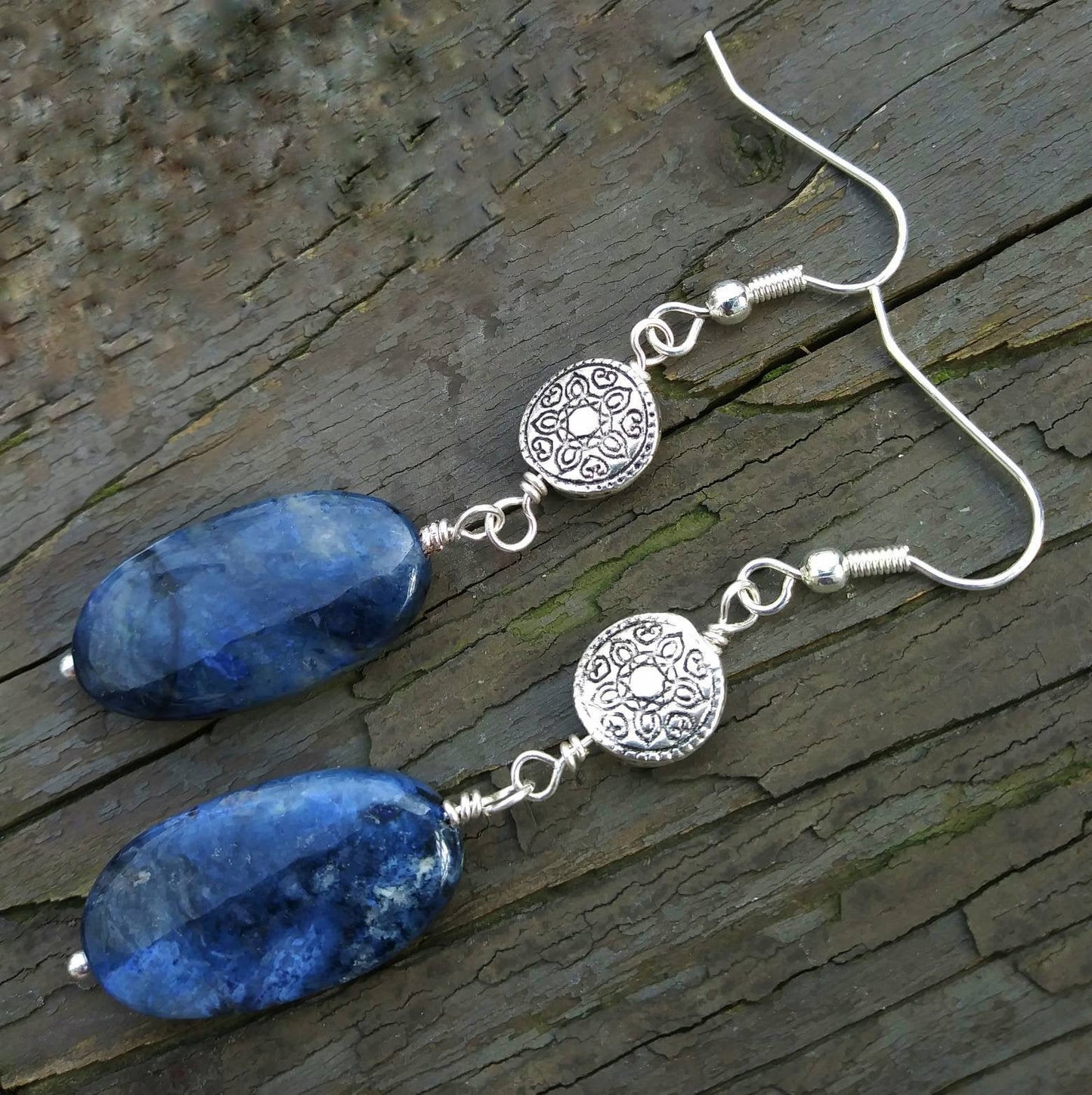 Large Blue Flower Dumortierite Silver Statement Earrings