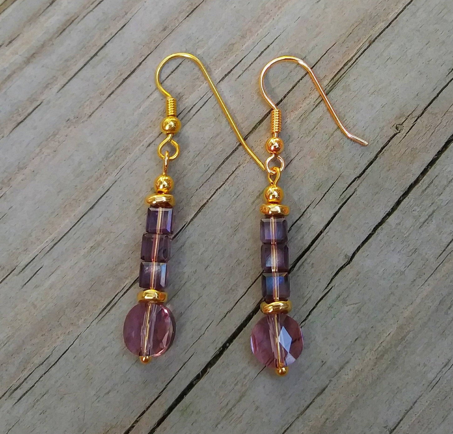 Lavender Austrian Crystal Dangle Earrings with Edwardian Gold Filigree