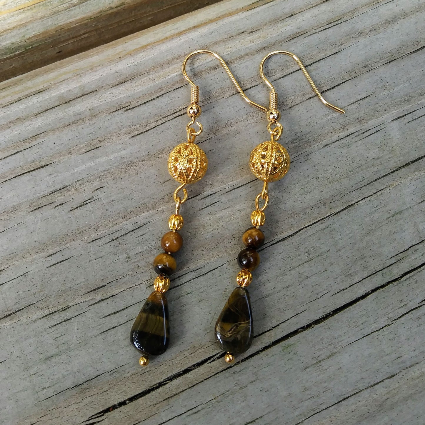 Natural Tigers Eye Dangle Earrings with Edwardian Gold Filigree