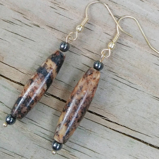 Autumn Spikes Hematite & Brown Stone Dangle Earrings