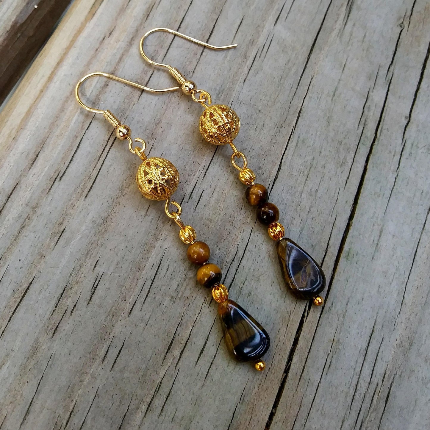 Natural Tigers Eye Dangle Earrings with Edwardian Gold Filigree