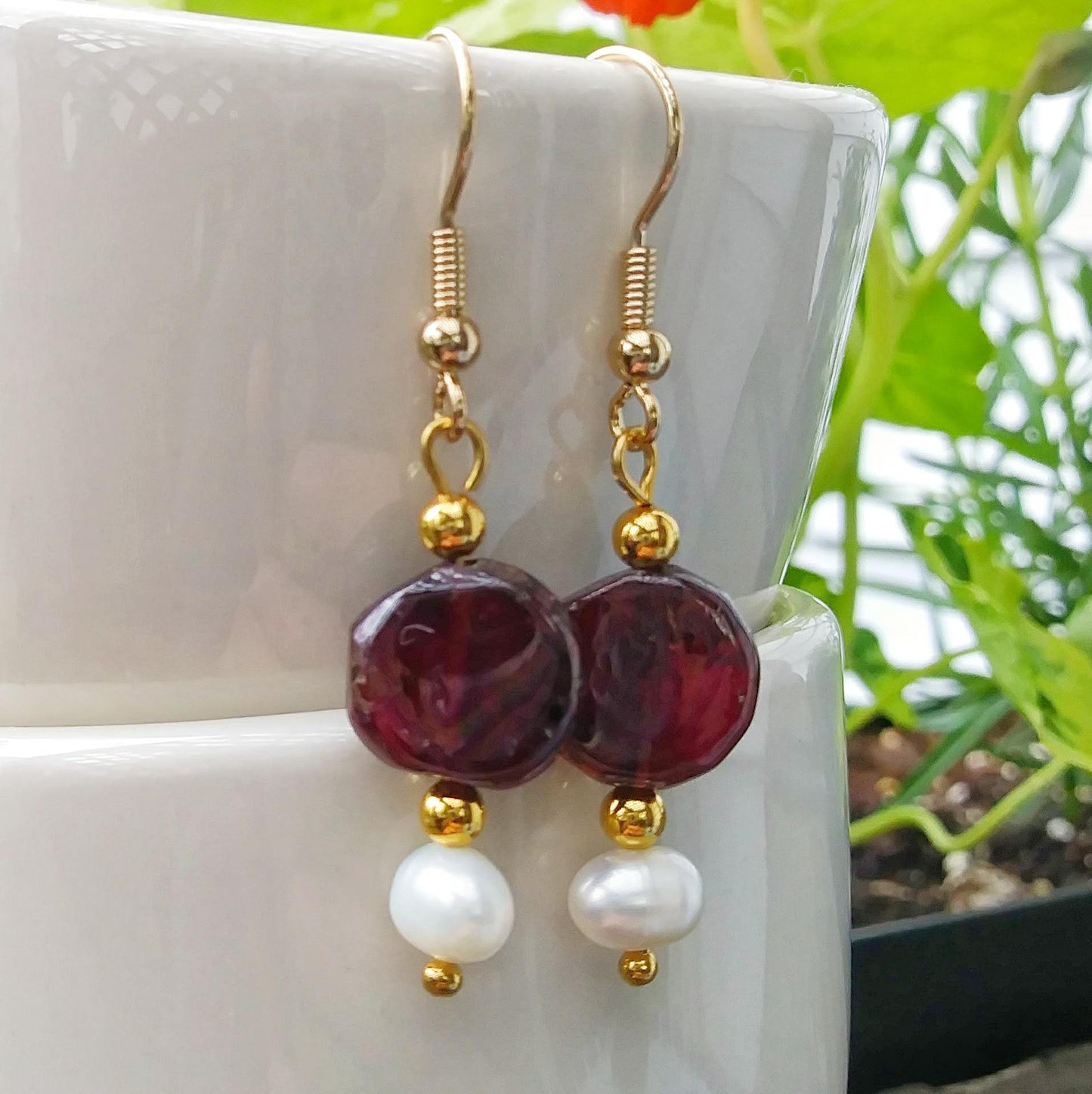 Simple Pearl & Garnet Gold Dangle Earrings