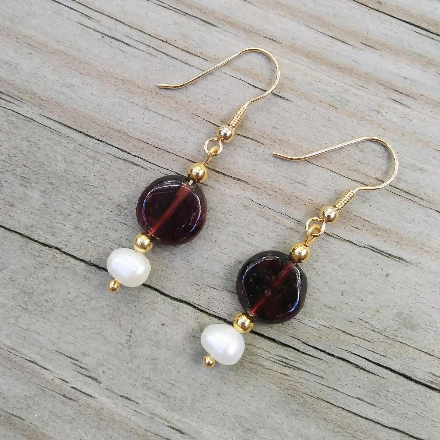Simple Pearl & Garnet Gold Dangle Earrings