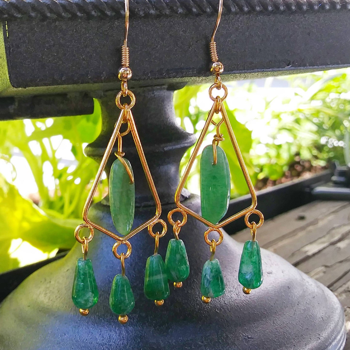 Dark Green Aventurine Gold Triangle Chandelier Earrings