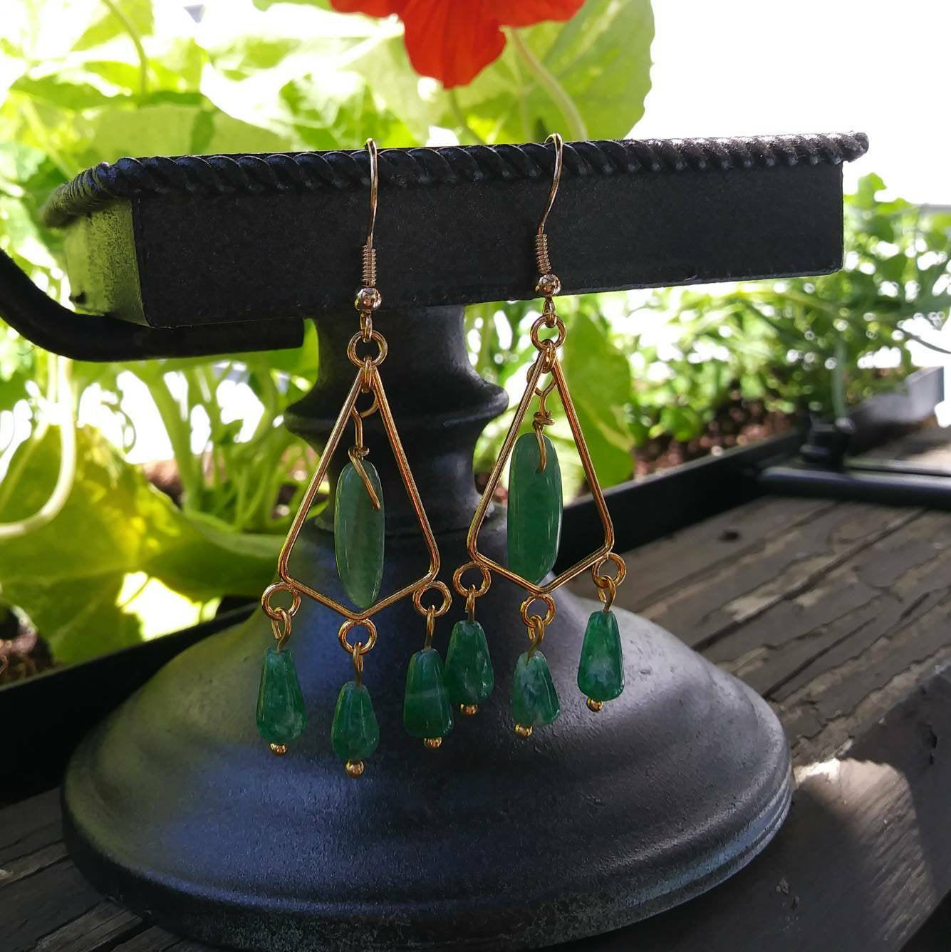 Dark Green Aventurine Gold Triangle Chandelier Earrings