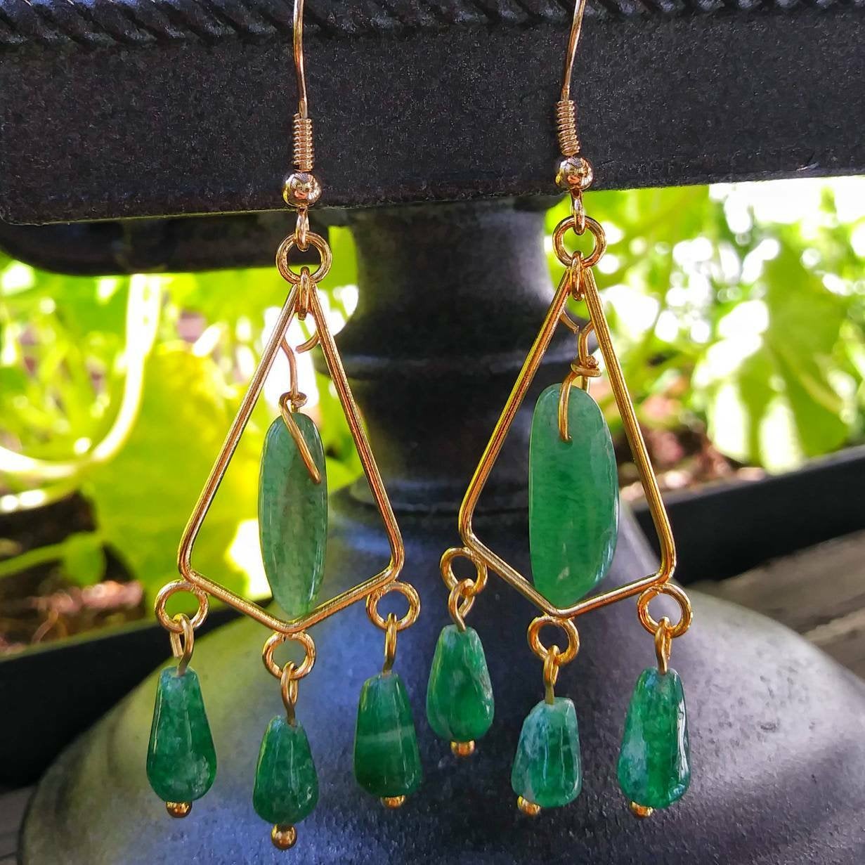 Dark Green Aventurine Gold Triangle Chandelier Earrings