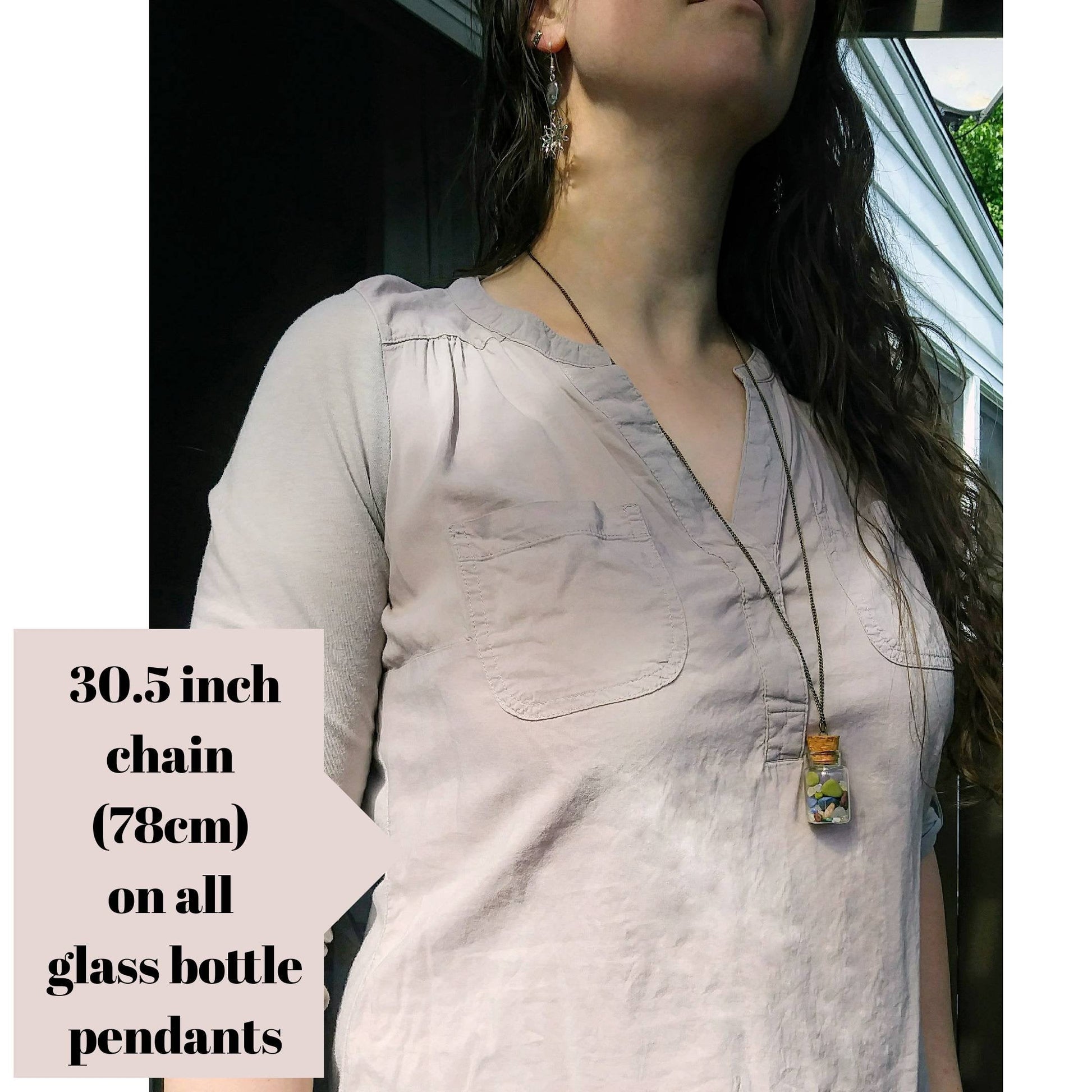 30.5 inch chain on all glass bottle pendants