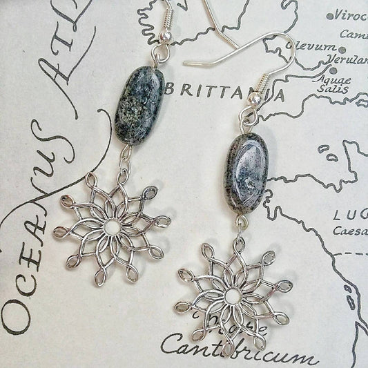 Sterling Silver Vintage Starbursts w Spotted Gray Quartz Dangle Earrings