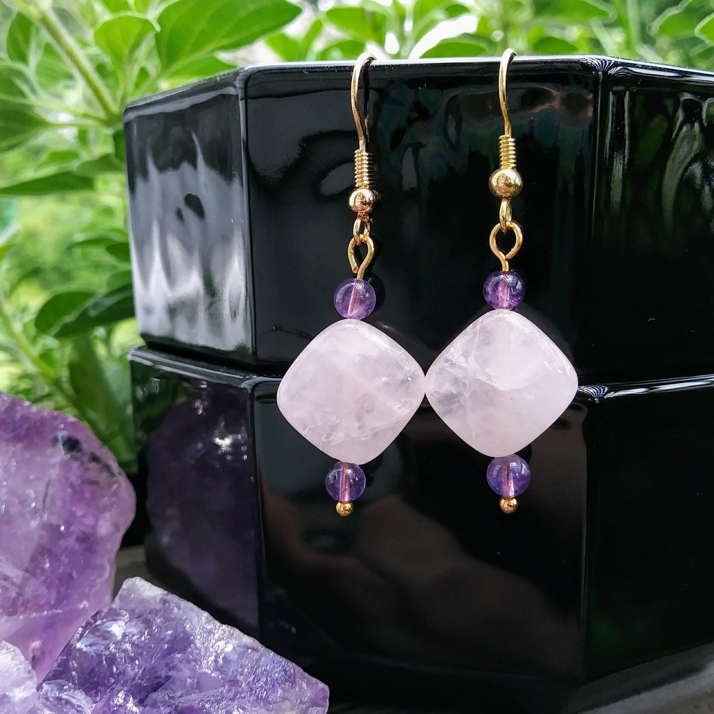 Rose Quartz Gold Dangle Earrings with Amethyst