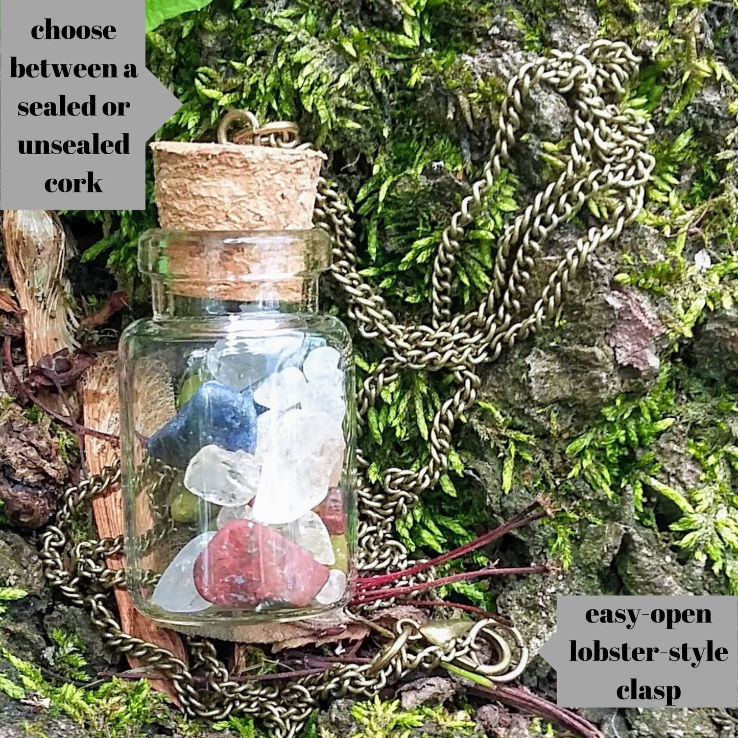 Rainbow Chakra Gemstones Corked Glass Bottle Pendant Necklace