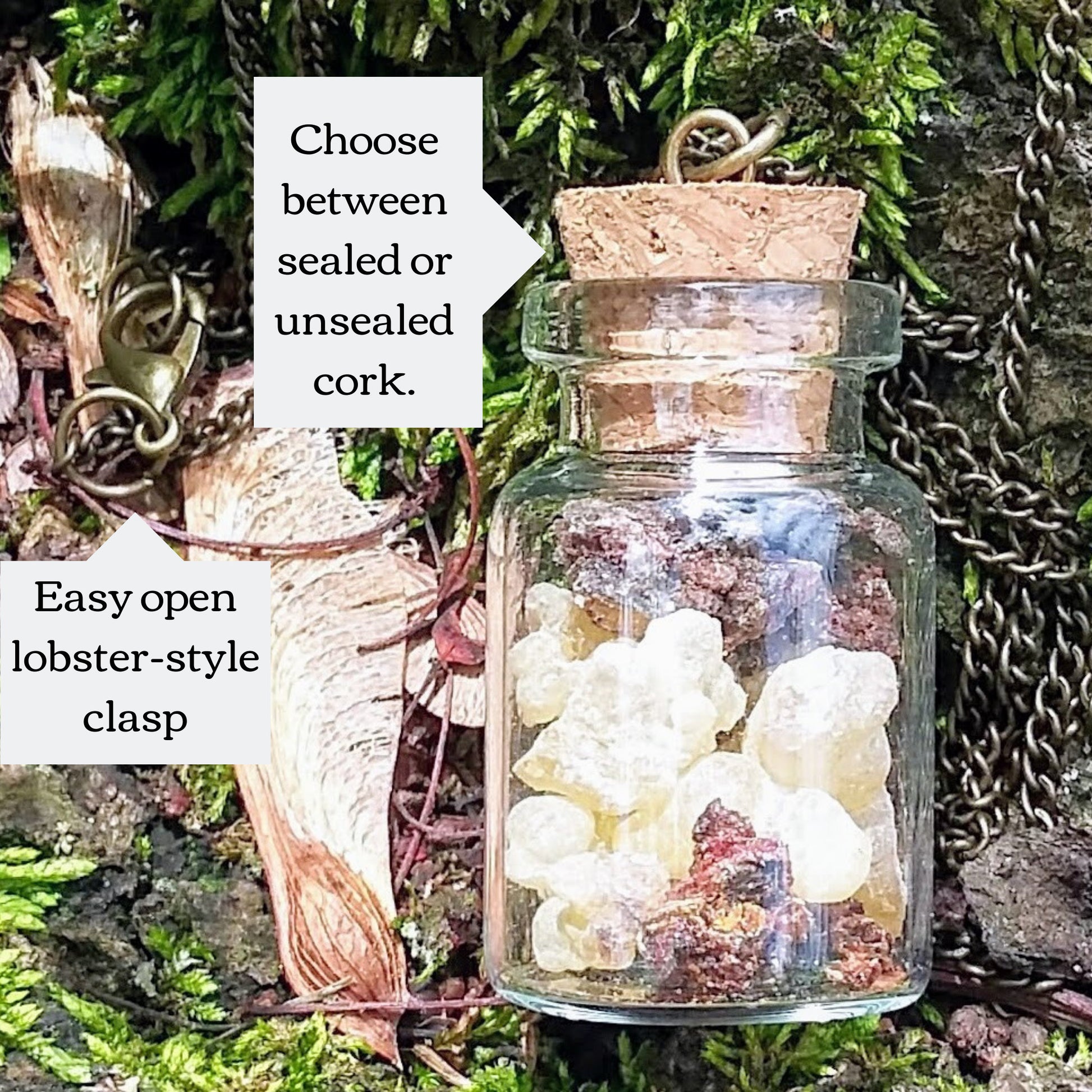 Choose between sealed or unsealed cork. Chain has an easy-open lobster clasp.