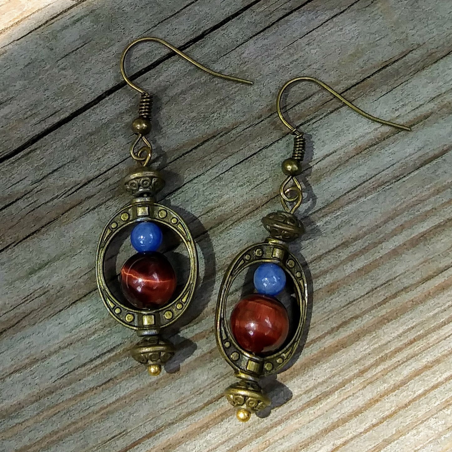 Red Tigers Eye Earrings w Natural Blue Aventurine Steampunk Hoop Earrings