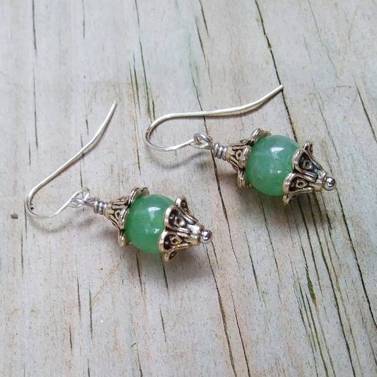 Green Aventurine & Silver Floral Dangle Earrings
