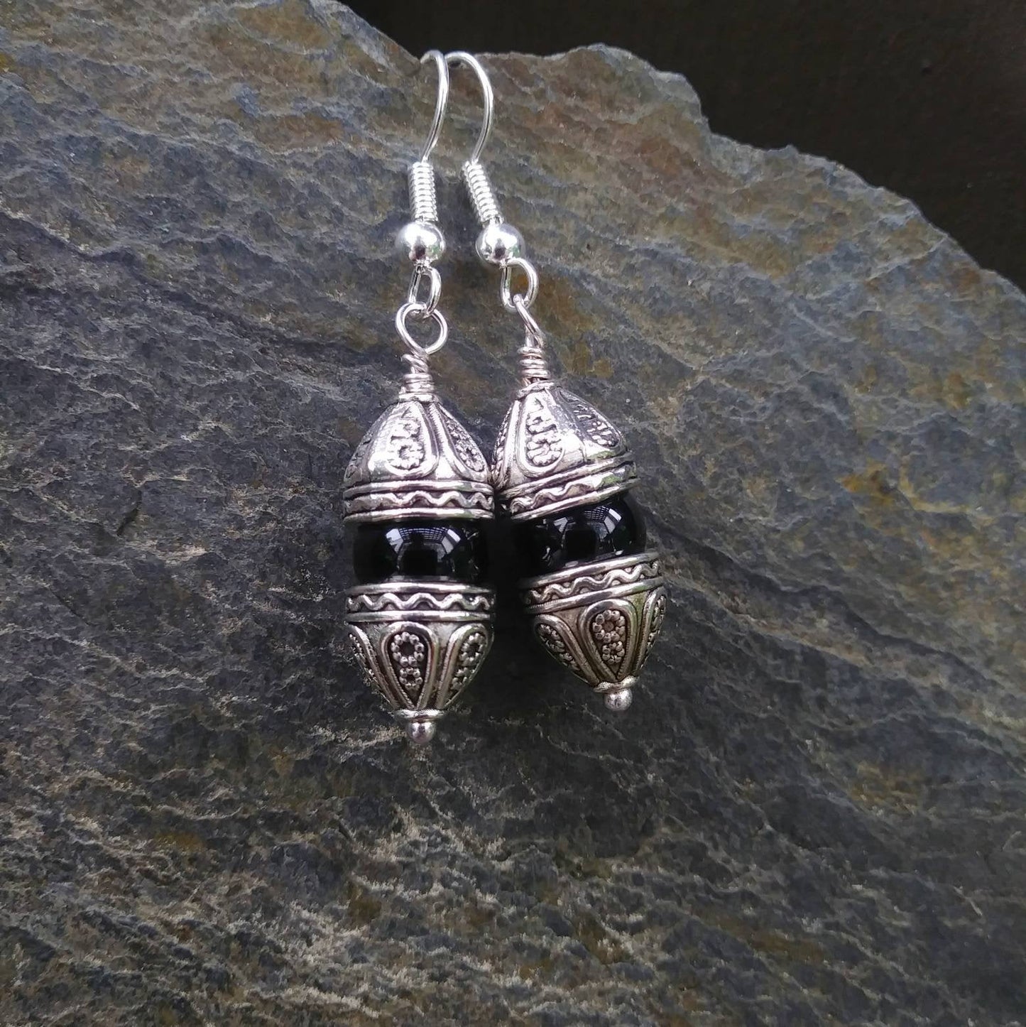 Medieval Gothic Cathedrals Black Onyx Dangle Earrings