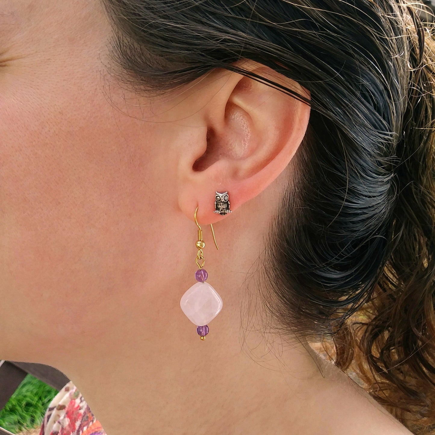 Rose Quartz Gold Dangle Earrings with Amethyst