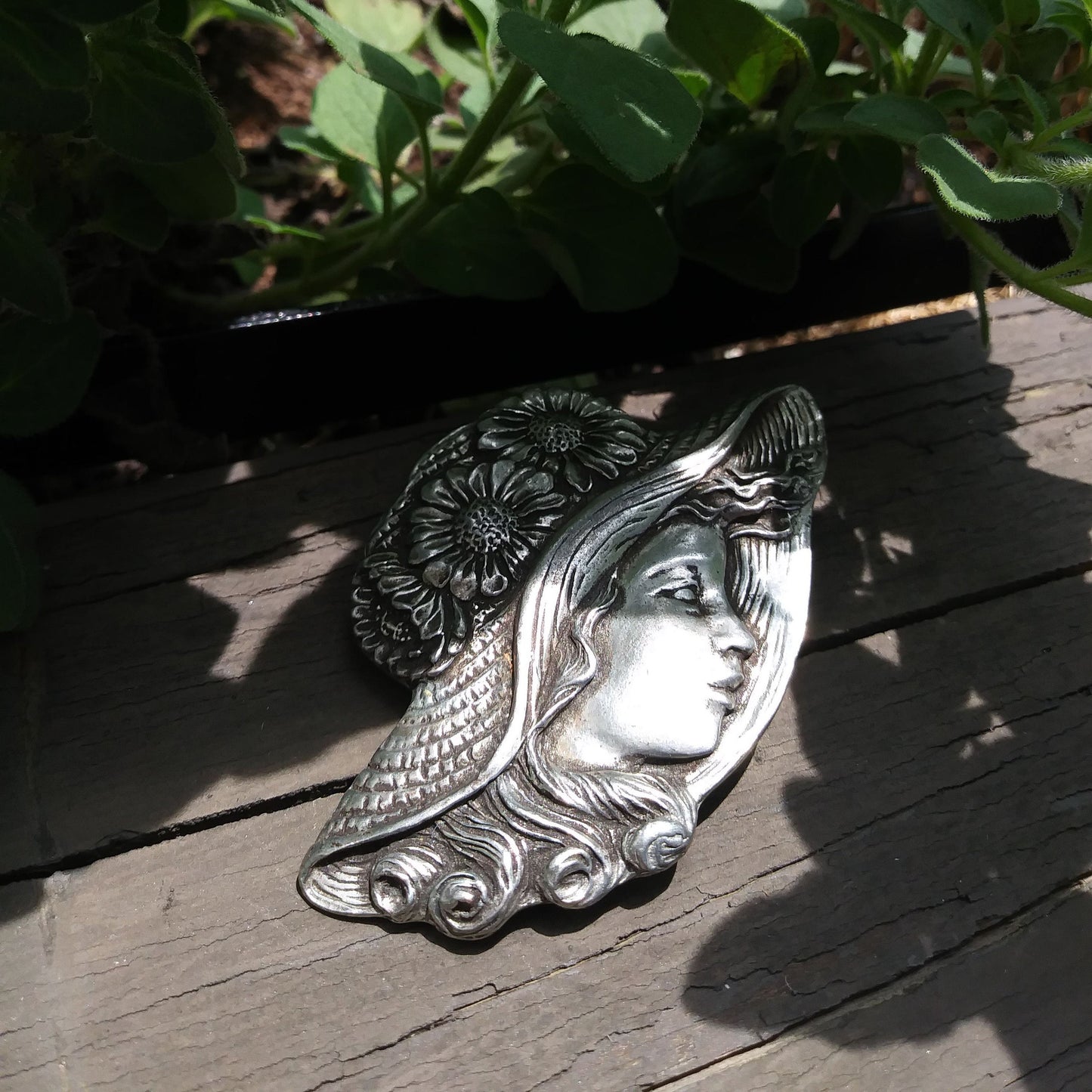 Vintage Brooch, Signed by Seagull Pewter of Canada: Girl with Flower Straw Hat