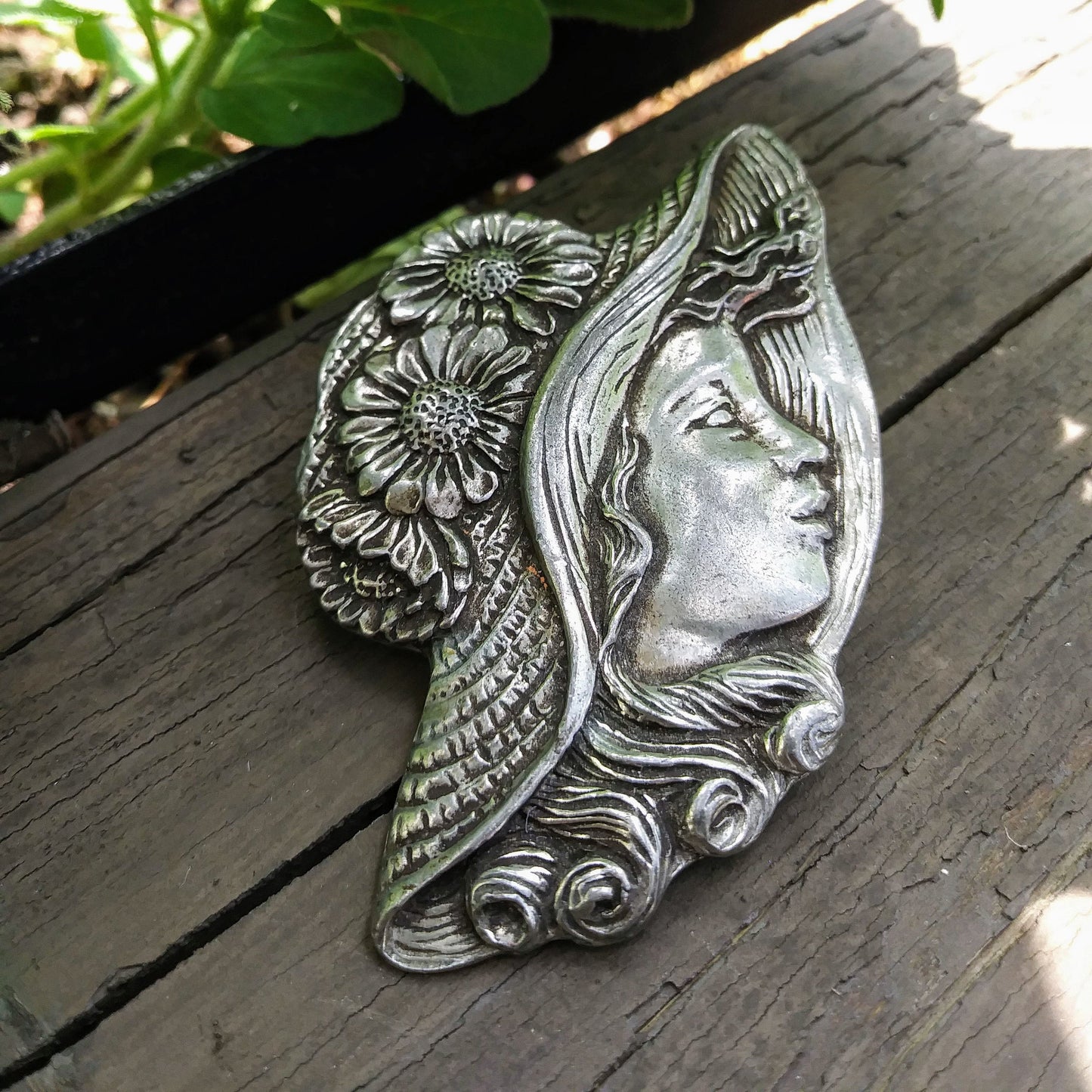 Vintage Brooch, Signed by Seagull Pewter of Canada: Girl with Flower Straw Hat