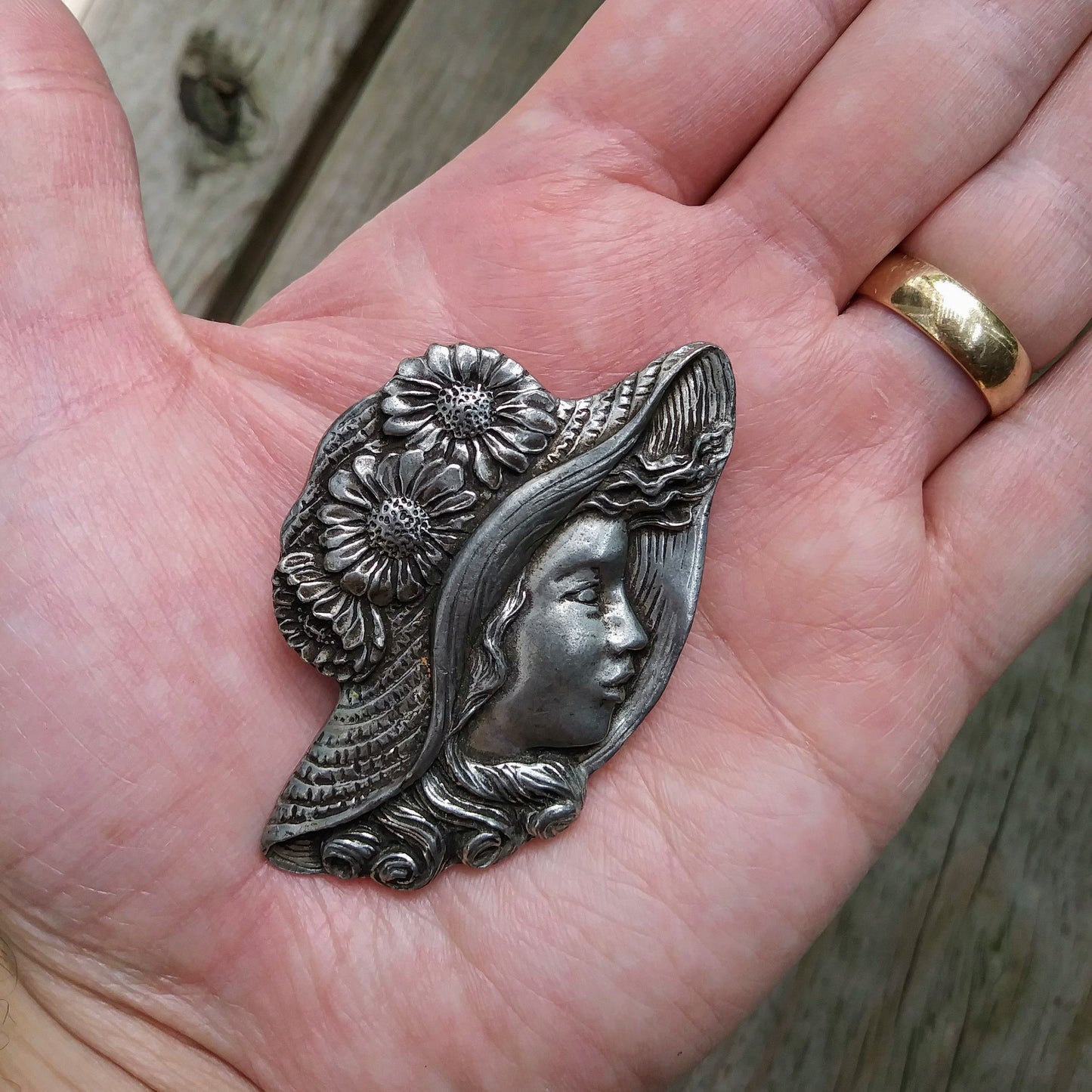 Vintage Brooch, Signed by Seagull Pewter of Canada: Girl with Flower Straw Hat