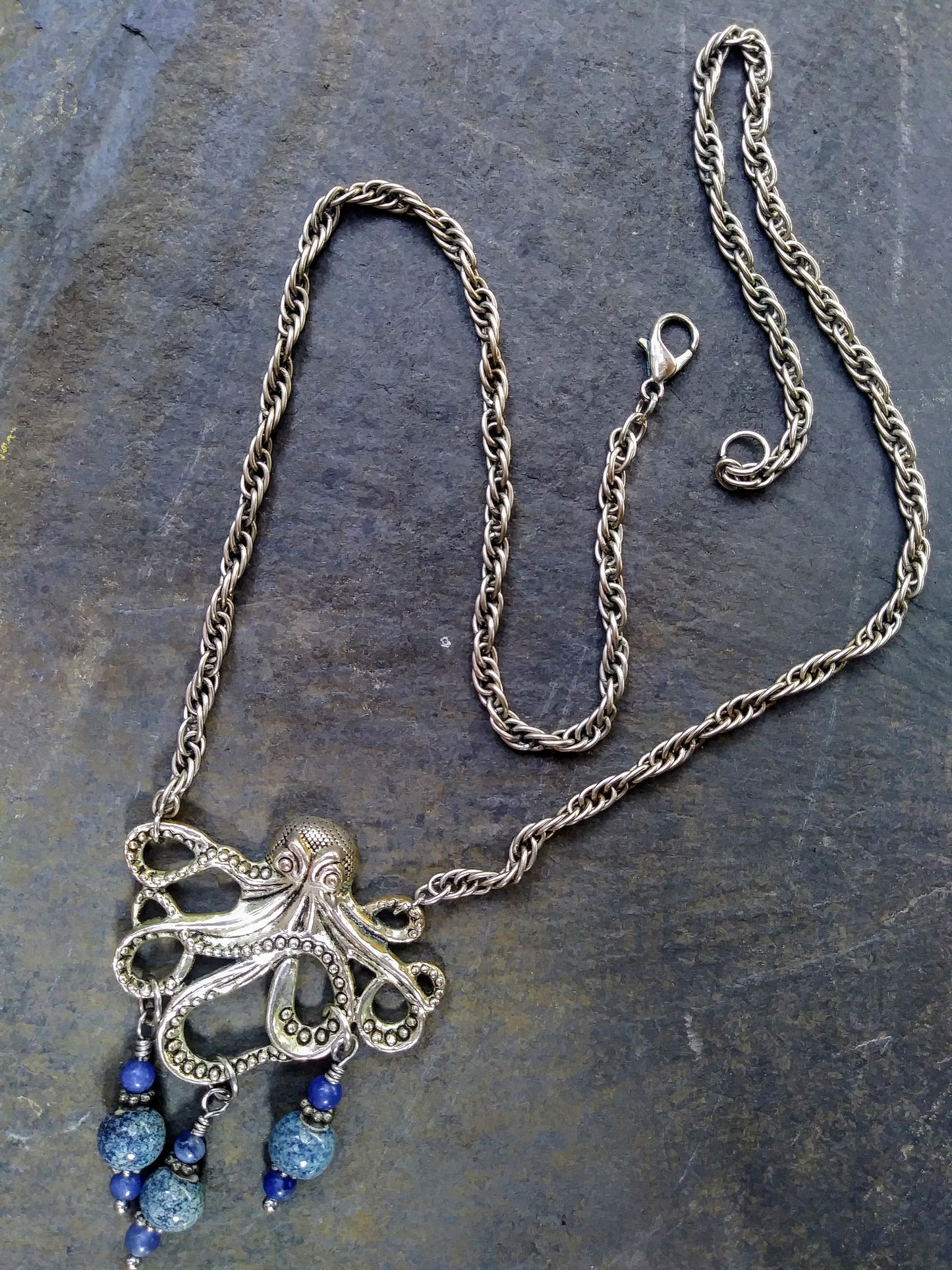 Ocean Blue Silver Kraken Octopus Necklace on Thick Silver Rope Chain