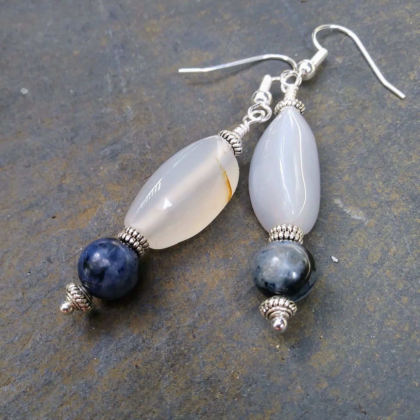 Blue Dumortierite & Upcycled White Stone Statement Earrings