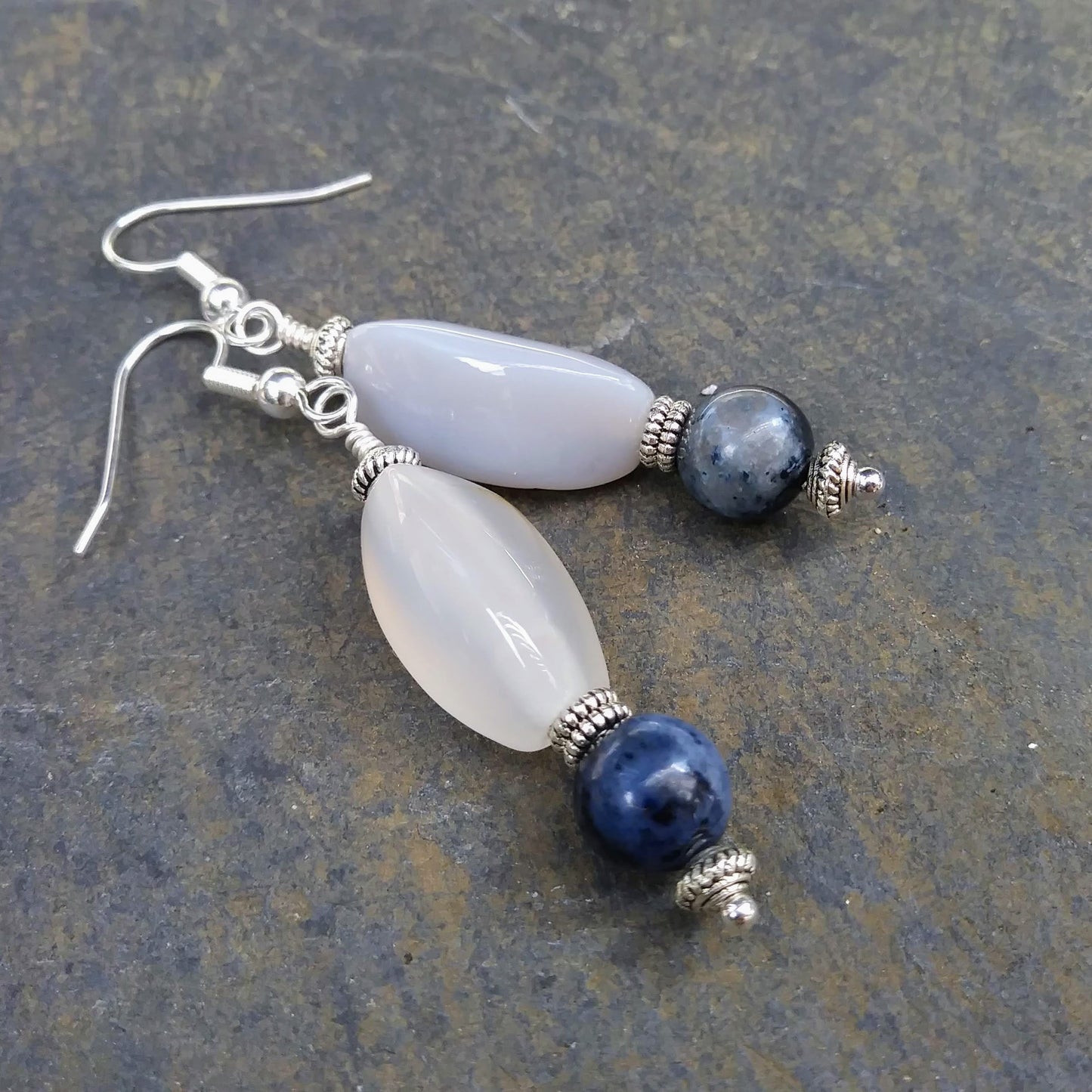 Blue Dumortierite & Upcycled White Stone Statement Earrings