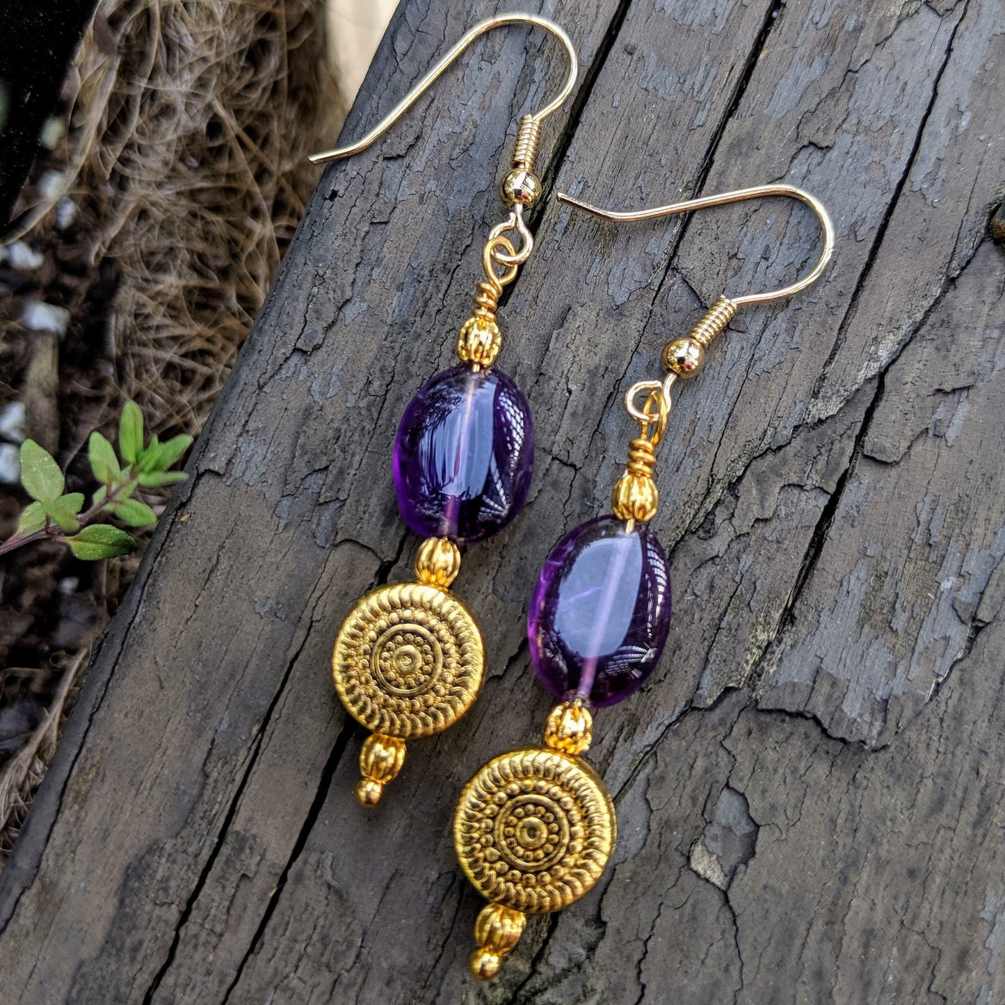 Gold Sunburst Amethyst Dangle Earrings