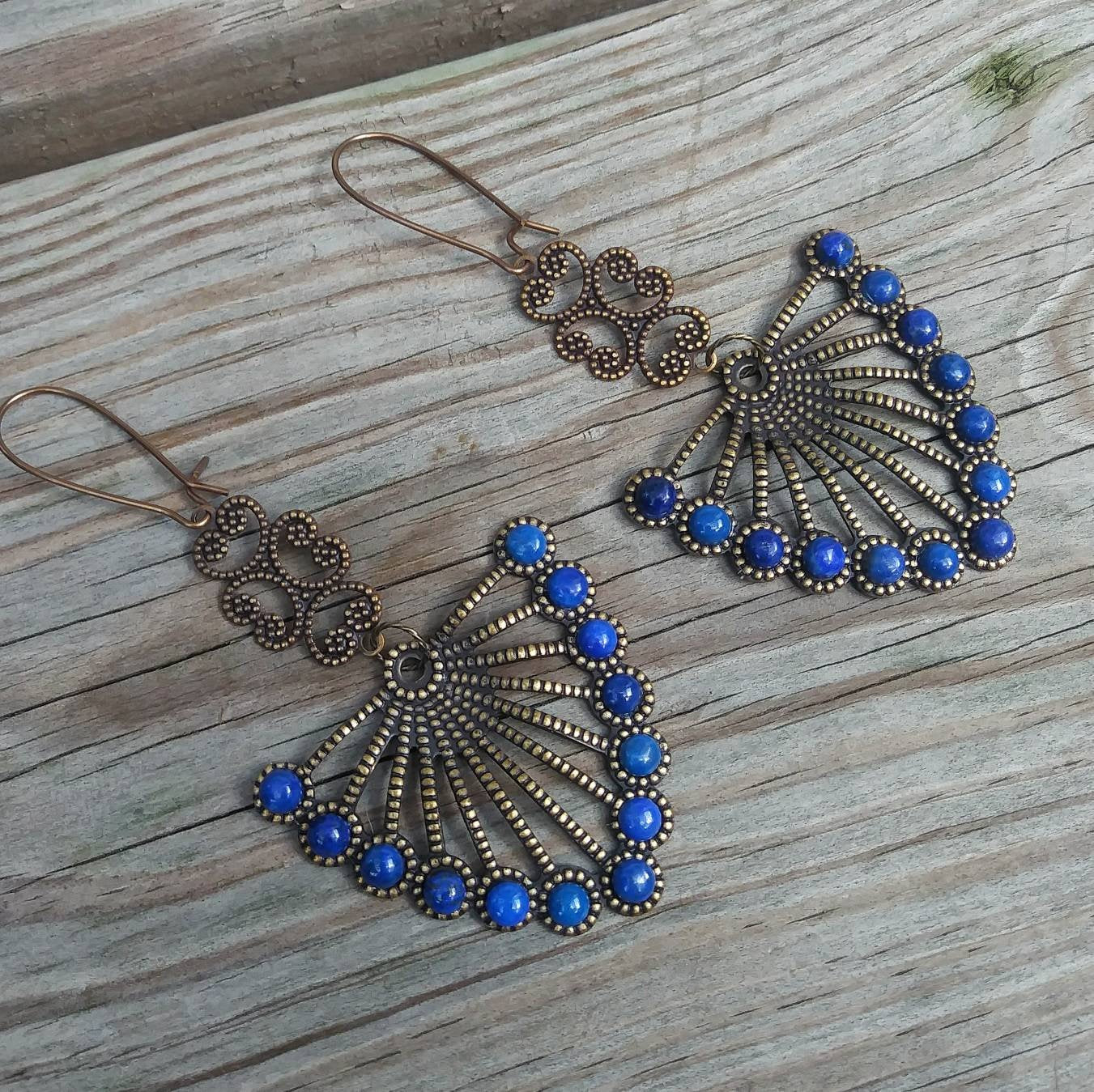 Etruscan Revival Lapis Lazuli Brass Fan Statement Earrings