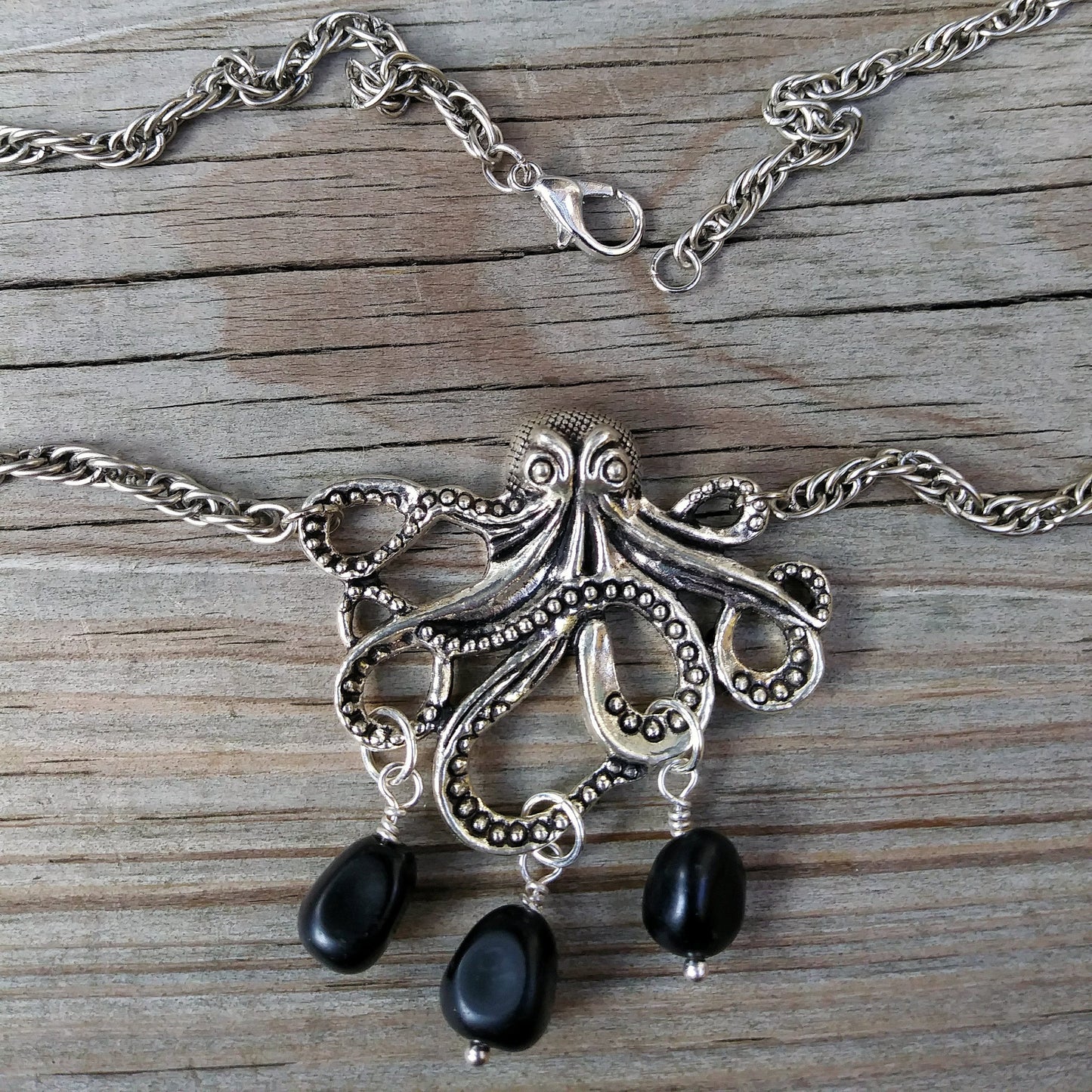 Black Obsidian Silver Kraken Octopus Necklace  on Thick Silver Rope Chain