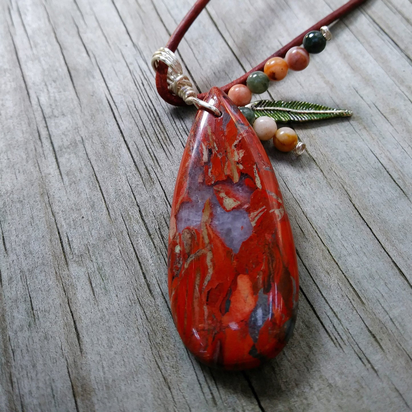 Jasper Feathers Natural Stone Pendant with Custom Cord Necklace