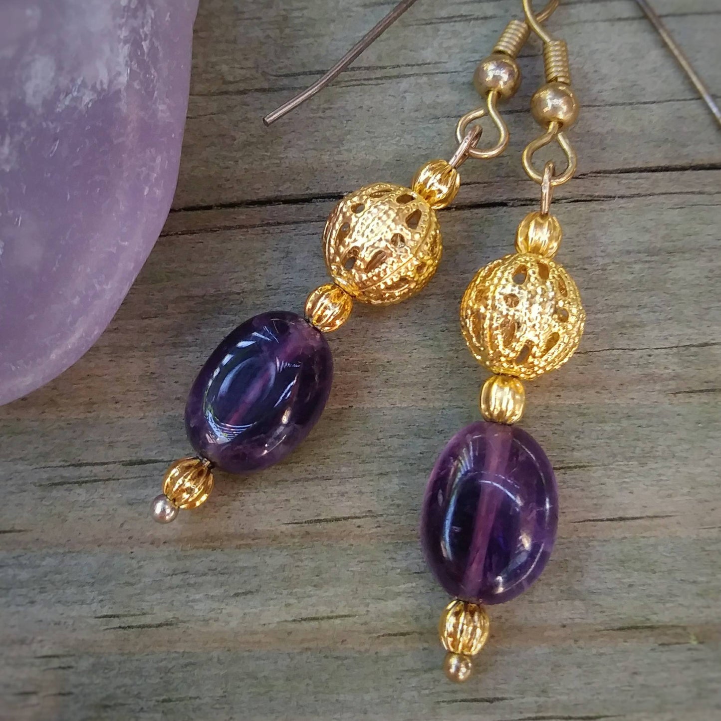 Deep Purple Amethyst & Edwardian Gold Filigree Dangle Earrings