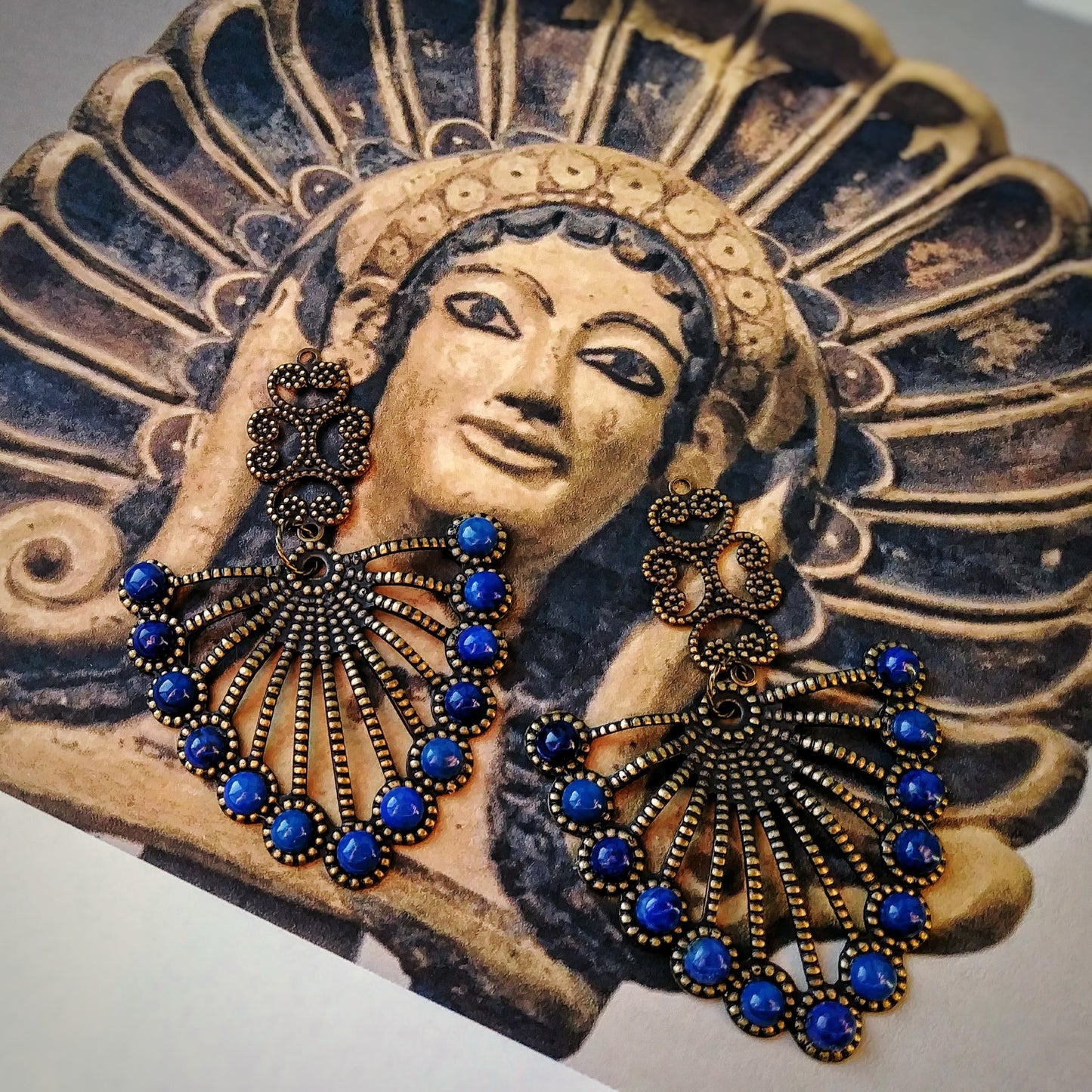Etruscan Revival Lapis Lazuli Brass Fan Statement Earrings
