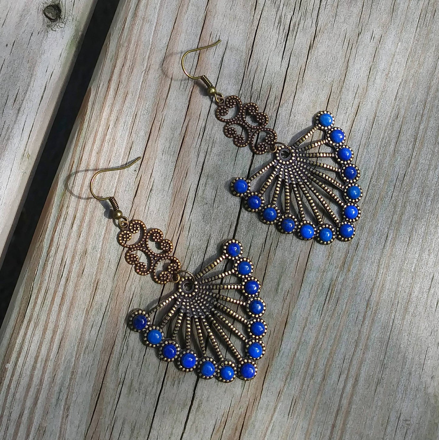 Etruscan Revival Lapis Lazuli Brass Fan Statement Earrings