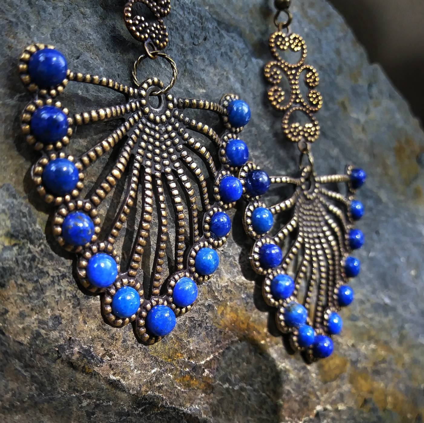 Etruscan Revival Lapis Lazuli Brass Fan Statement Earrings