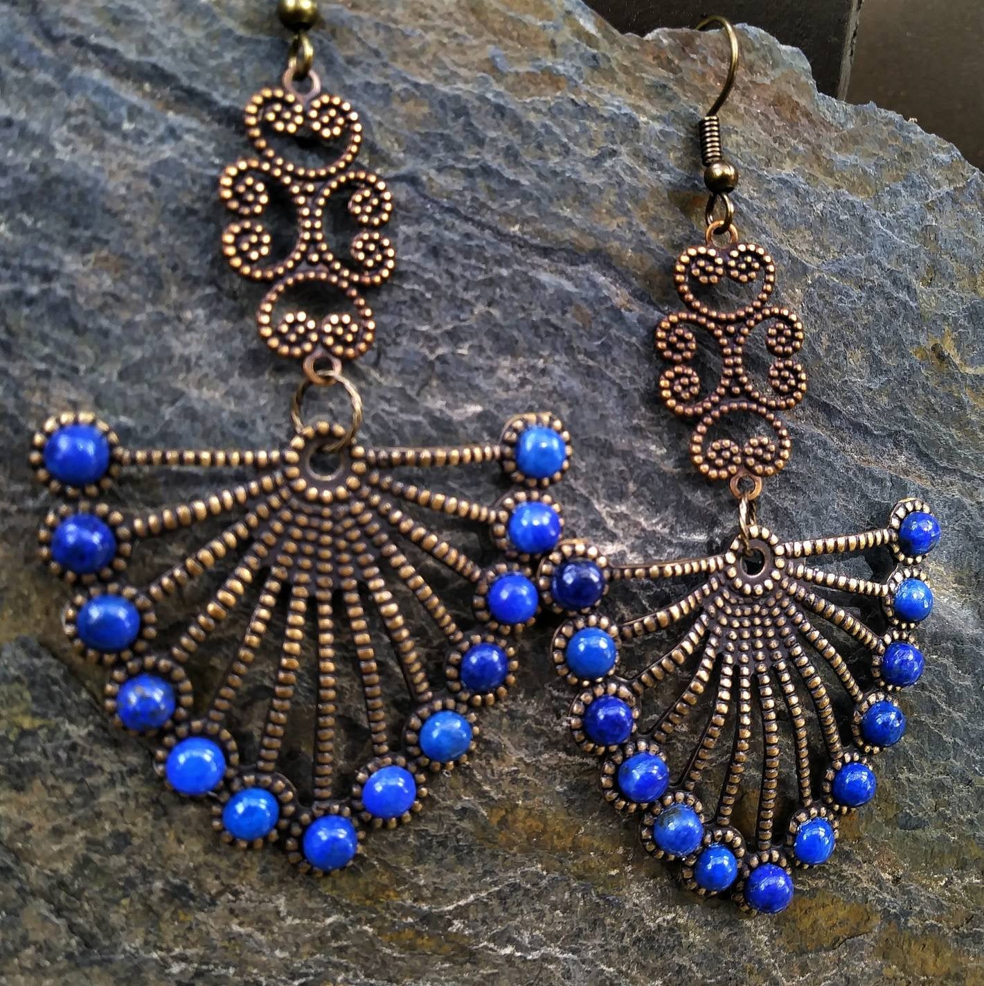 Etruscan Revival Lapis Lazuli Brass Fan Statement Earrings