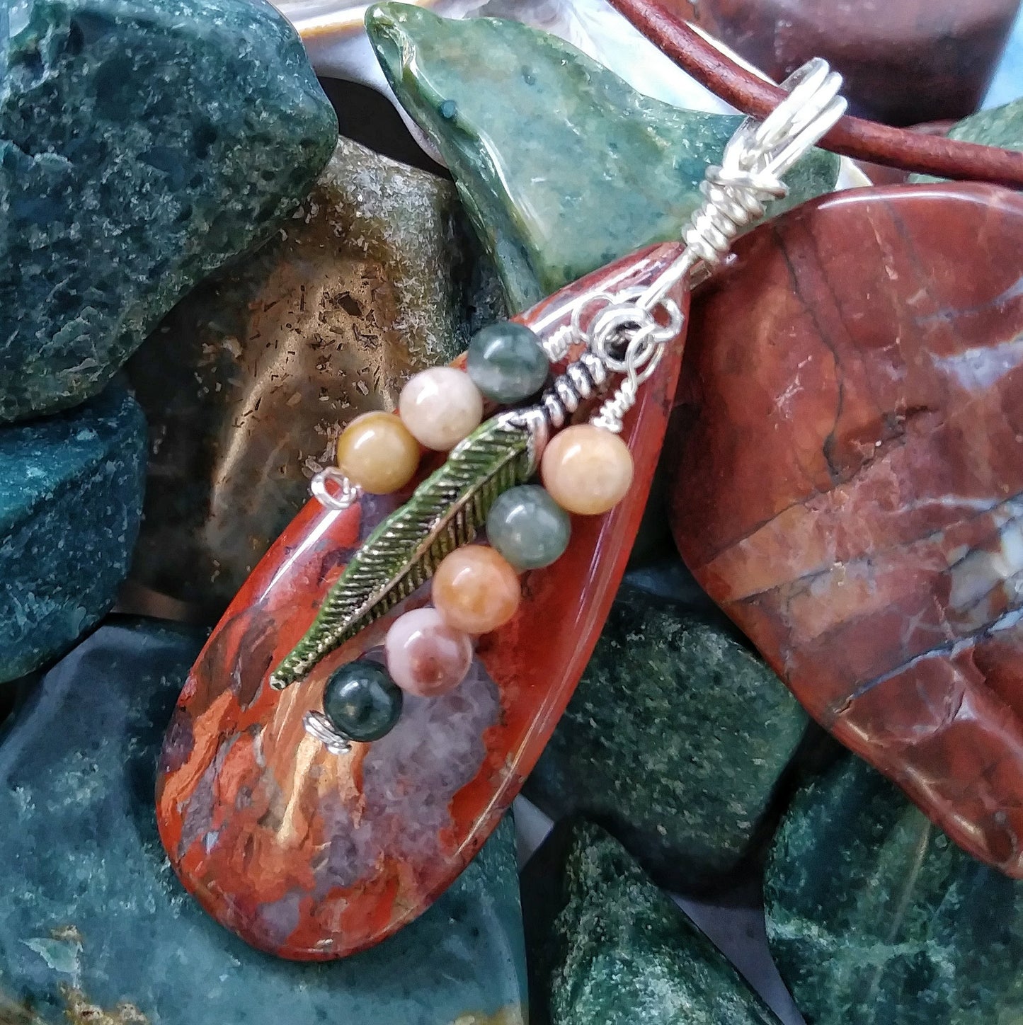 Jasper Feathers Natural Stone Pendant with Custom Cord Necklace