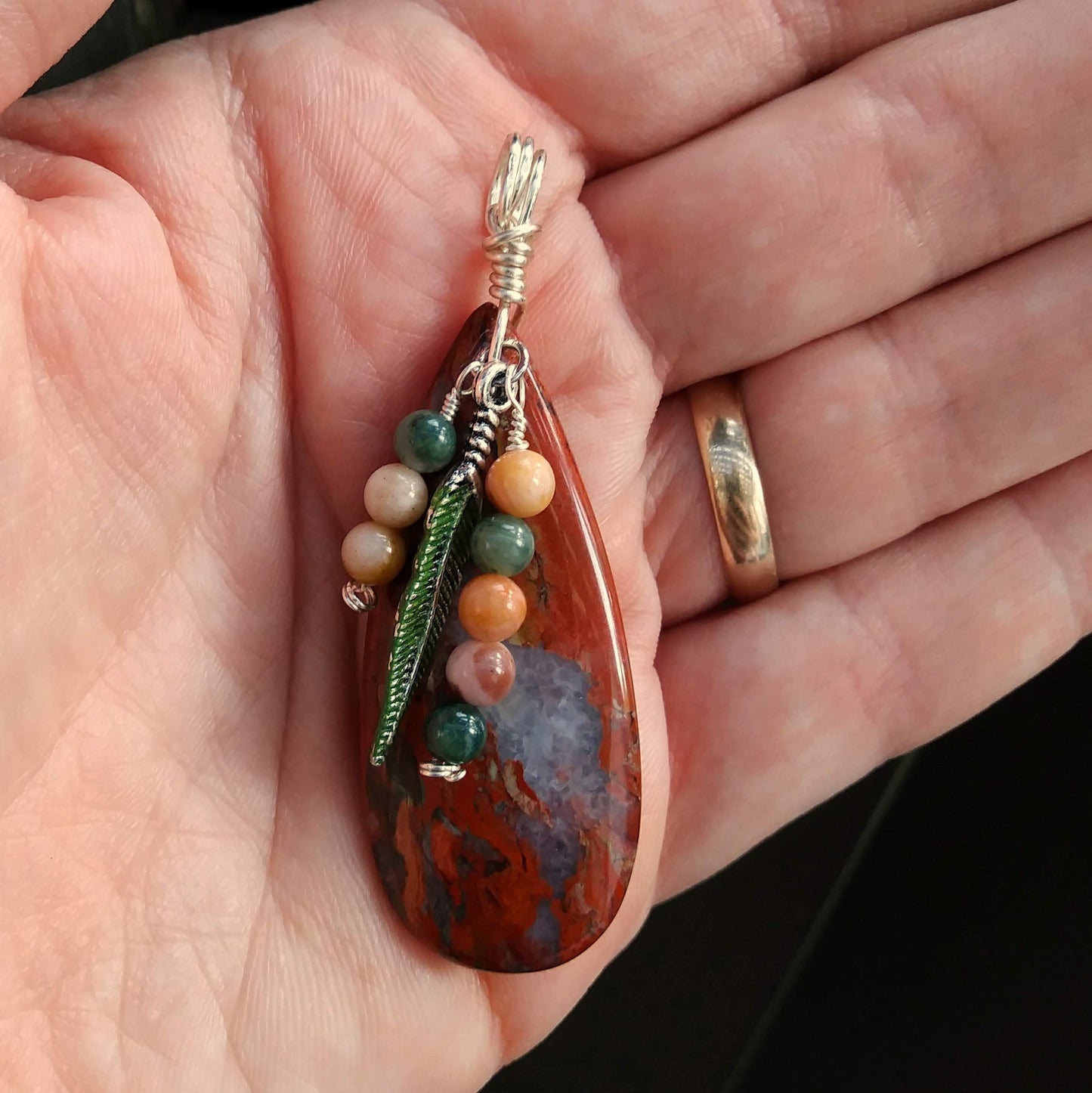 Jasper Feathers Natural Stone Pendant with Custom Cord Necklace